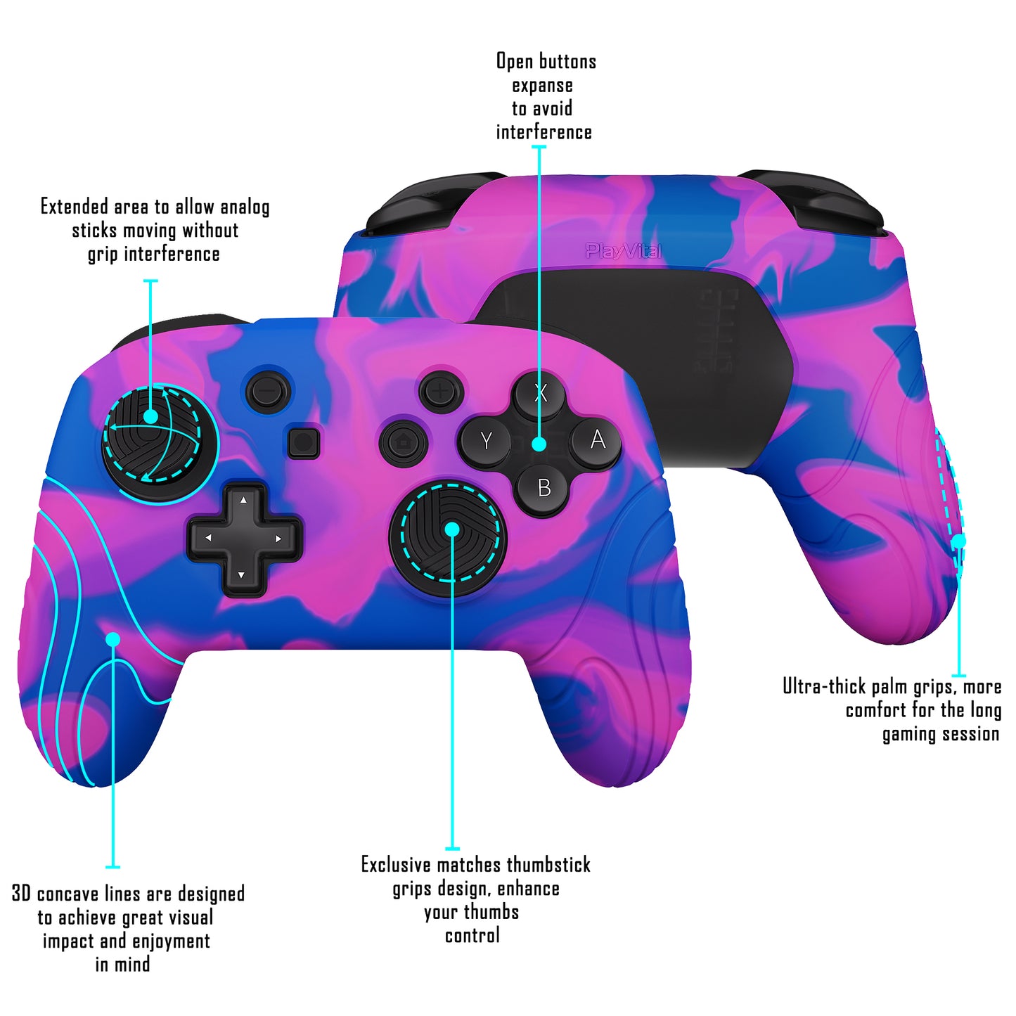 PlayVital Samurai Edition Ergonomic Silicone Skin Protective Case for Nintendo Switch Pro Controller, Soft Anti-slip Controller Grip Protector for Nintendo Switch Pro with Thumb Grip Caps - Pink & Purple & Blue- EBNPP005 PlayVital