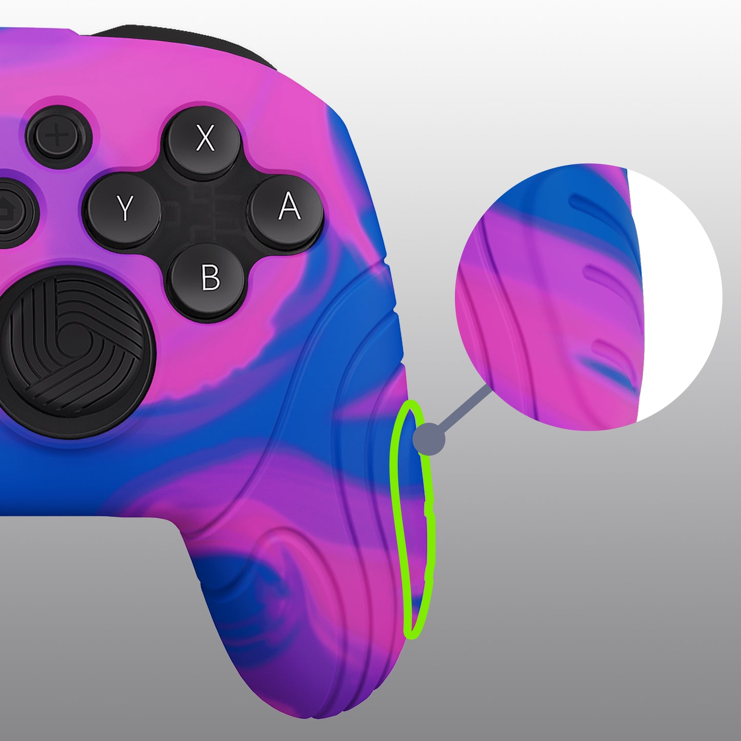 PlayVital Samurai Edition Ergonomic Silicone Skin Protective Case for Nintendo Switch Pro Controller, Soft Anti-slip Controller Grip Protector for Nintendo Switch Pro with Thumb Grip Caps - Pink & Purple & Blue- EBNPP005 PlayVital