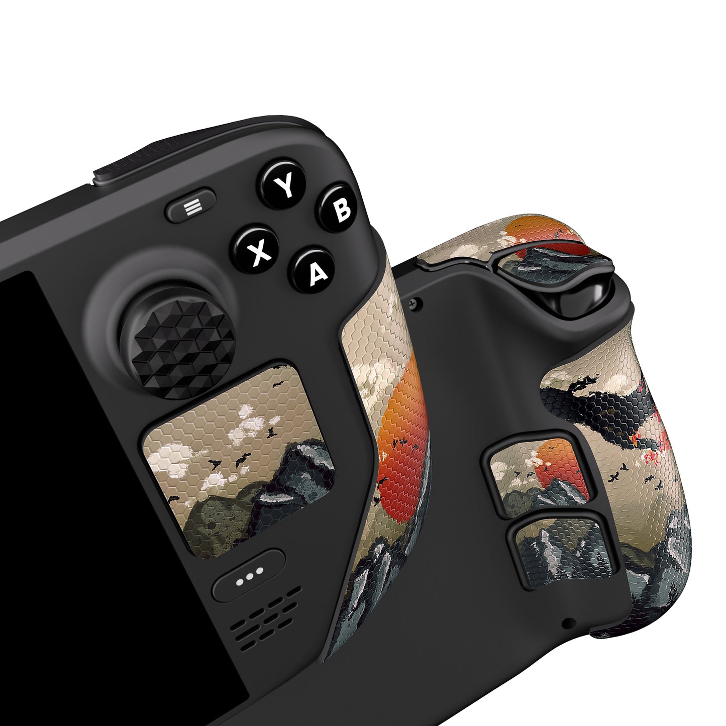 PlayVital Professional Textured Soft Rubber Pads Handle Grips for Steam Deck, Trackpads Skin Grip Enhancement Back Button Protective Stickers Set with Thumb Grip Caps - View of Rising Sun - FHSDV002 PlayVital