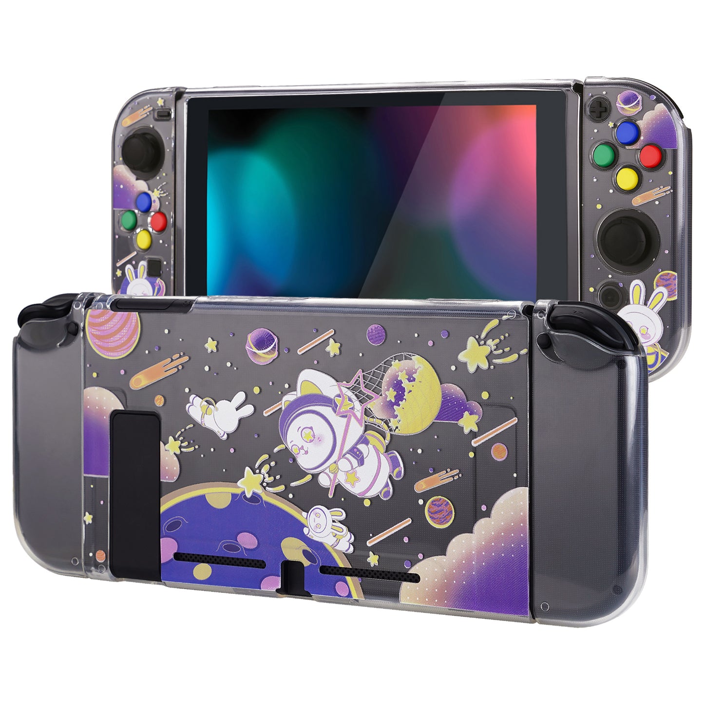 PlayVital Soft TPU Slim Protective Case with Colorful ABXY Direction Button Caps for Nintendo Switch - Space Cat