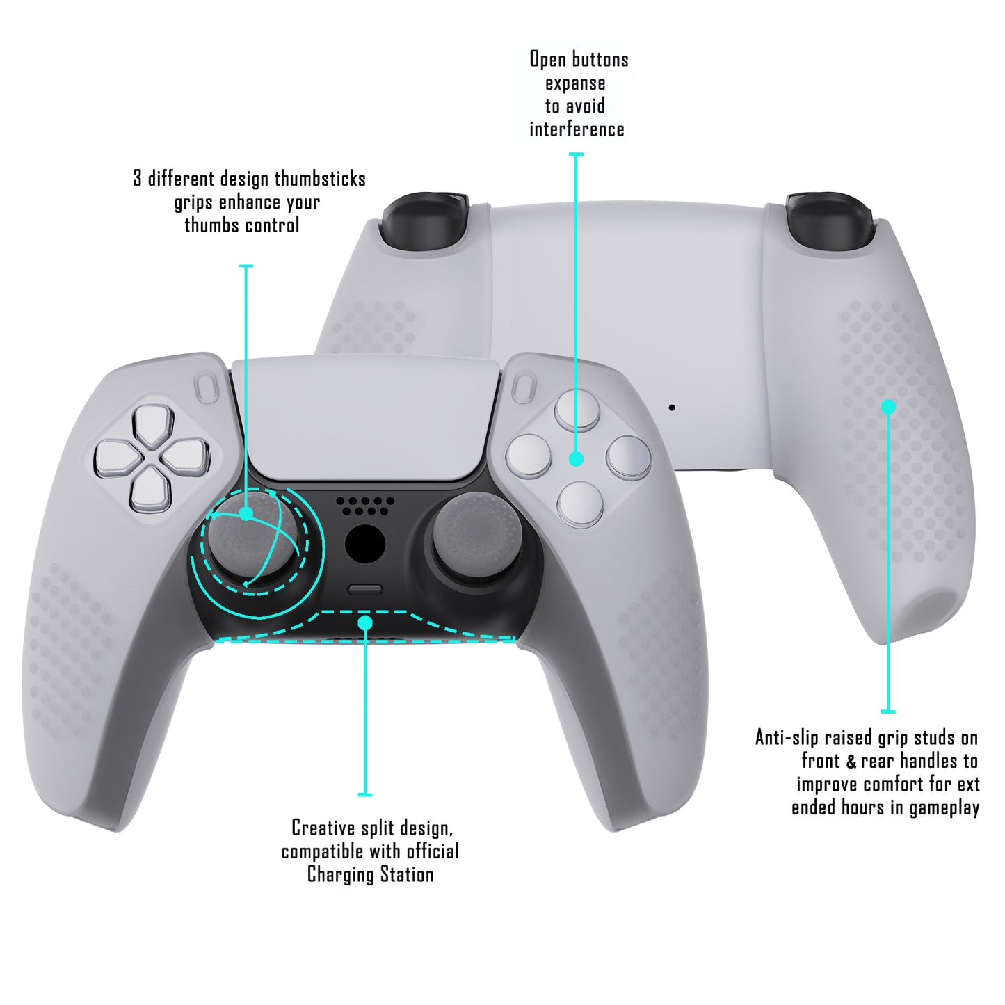 PlayVital 3D Studded Edition Anti-Slip Silicone Cover Skin with Thumb Grip Caps for PS5 Wireless Controller, Compatible with Charging Station - Clear White - TDPF026 PlayVital