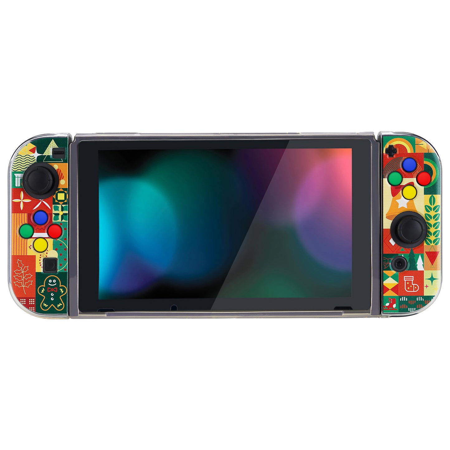 PlayVital Soft TPU Slim Protective Case with Colorful ABXY Direction Button Caps for Nintendo Switch - Christmas Wrap