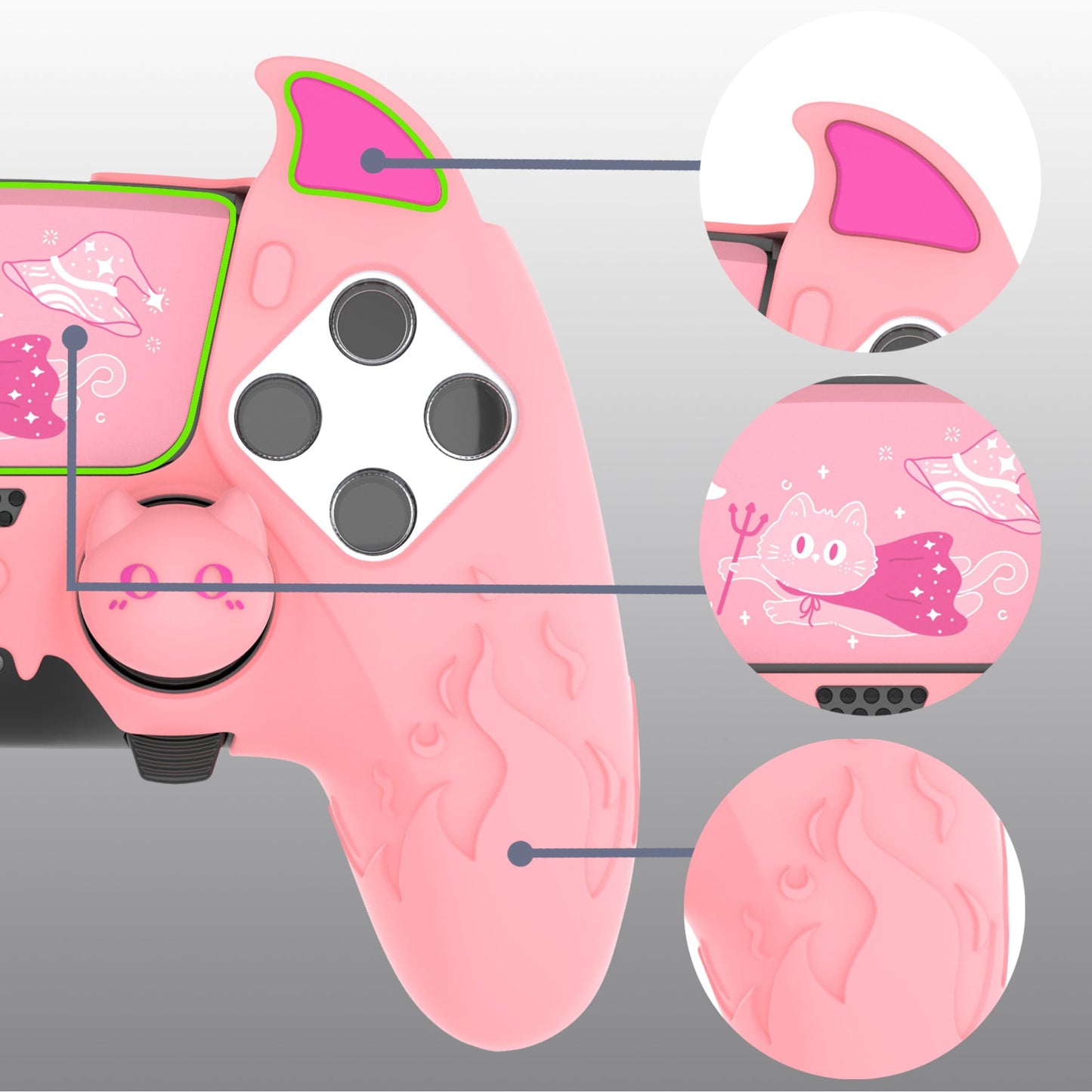 PlayVital Cute Demon Silicone Case with Touch Pad Sticker & Thumb Grip Caps for PS5 Edge Controller - Pink PlayVital