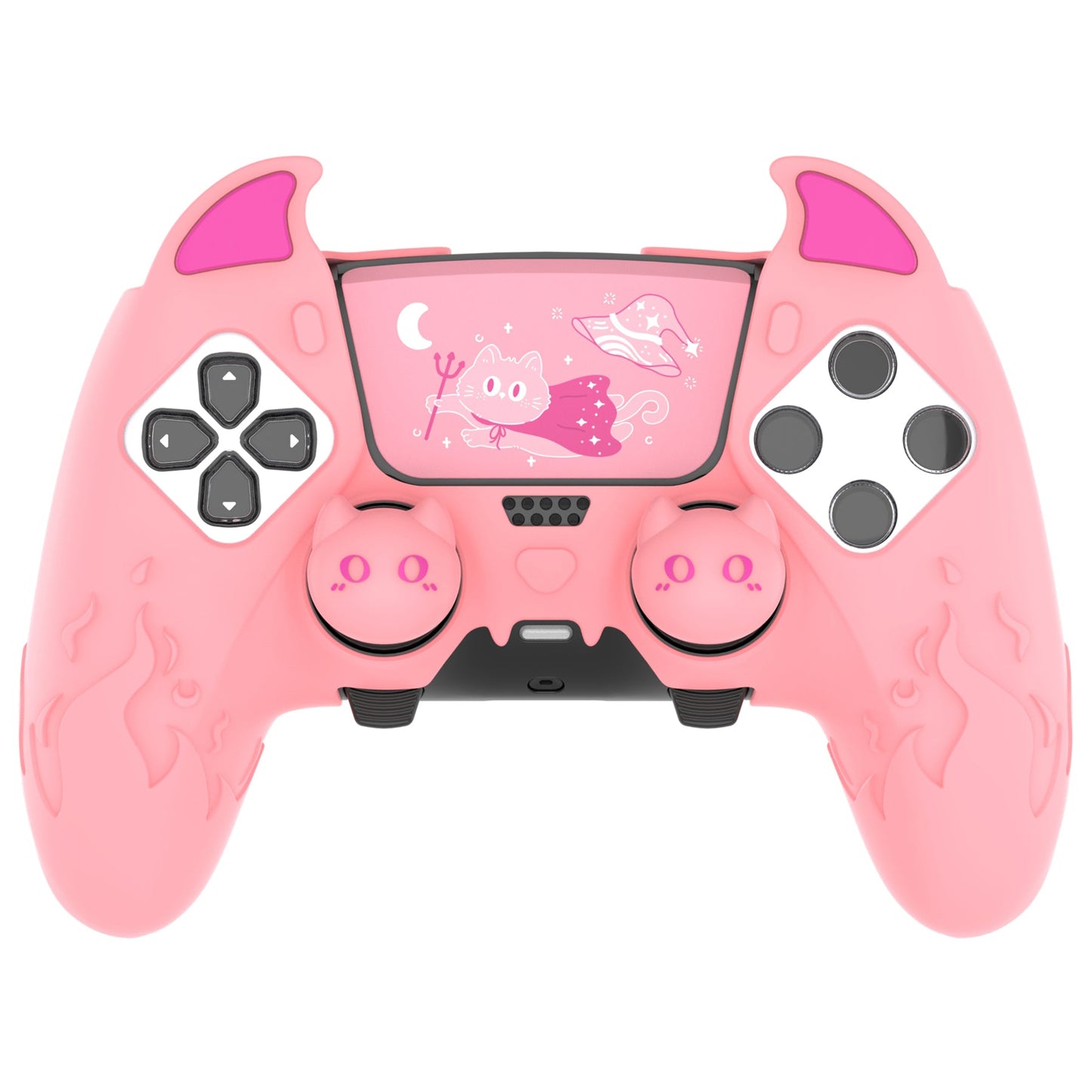 PlayVital Cute Demon Silicone Case with Touch Pad Sticker & Thumb Grip Caps for PS5 Edge Controller - Pink PlayVital