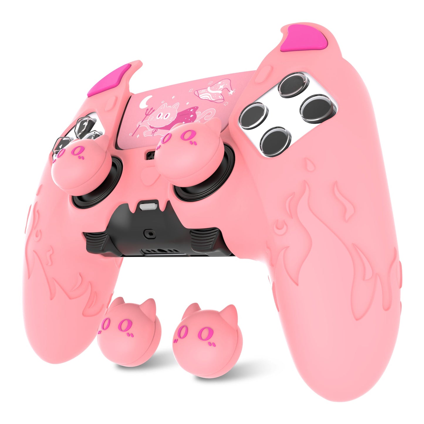 PlayVital Cute Demon Silicone Case with Touch Pad Sticker & Thumb Grip Caps for PS5 Edge Controller - Pink PlayVital
