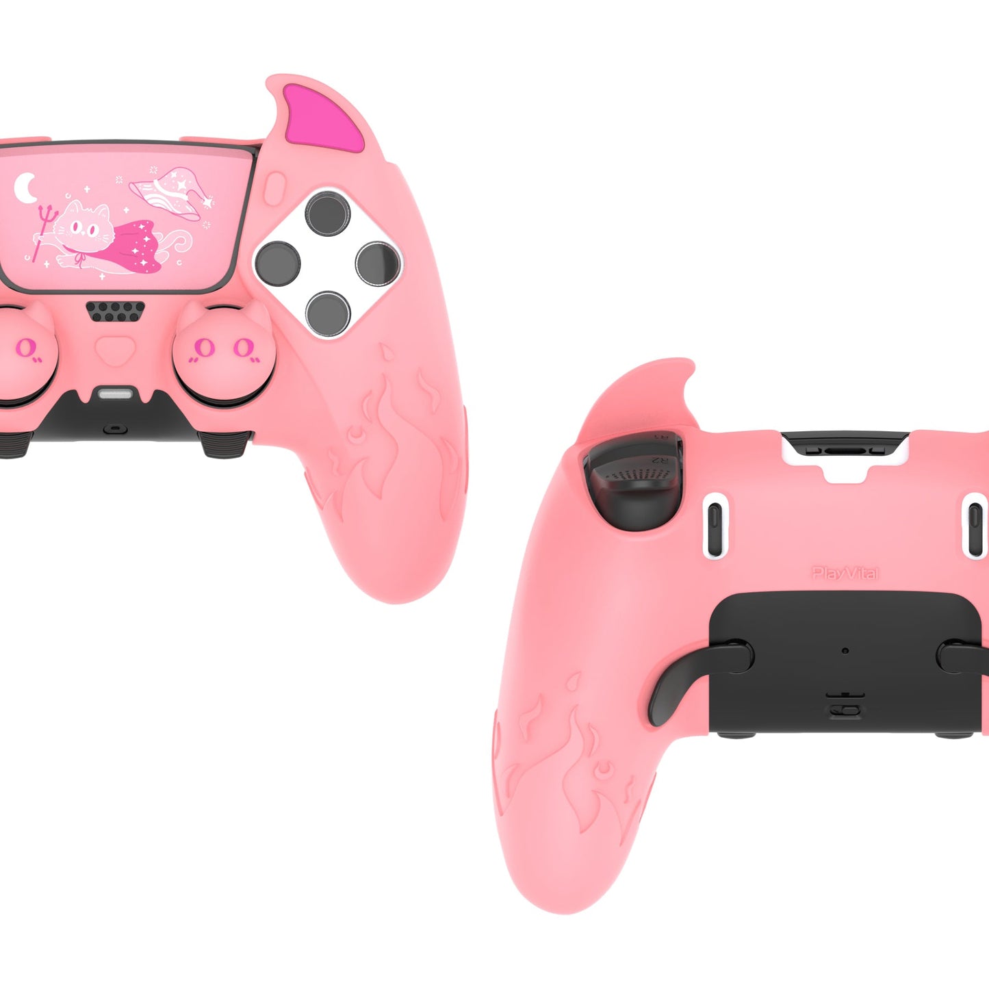 PlayVital Cute Demon Silicone Case with Touch Pad Sticker & Thumb Grip Caps for PS5 Edge Controller - Pink PlayVital