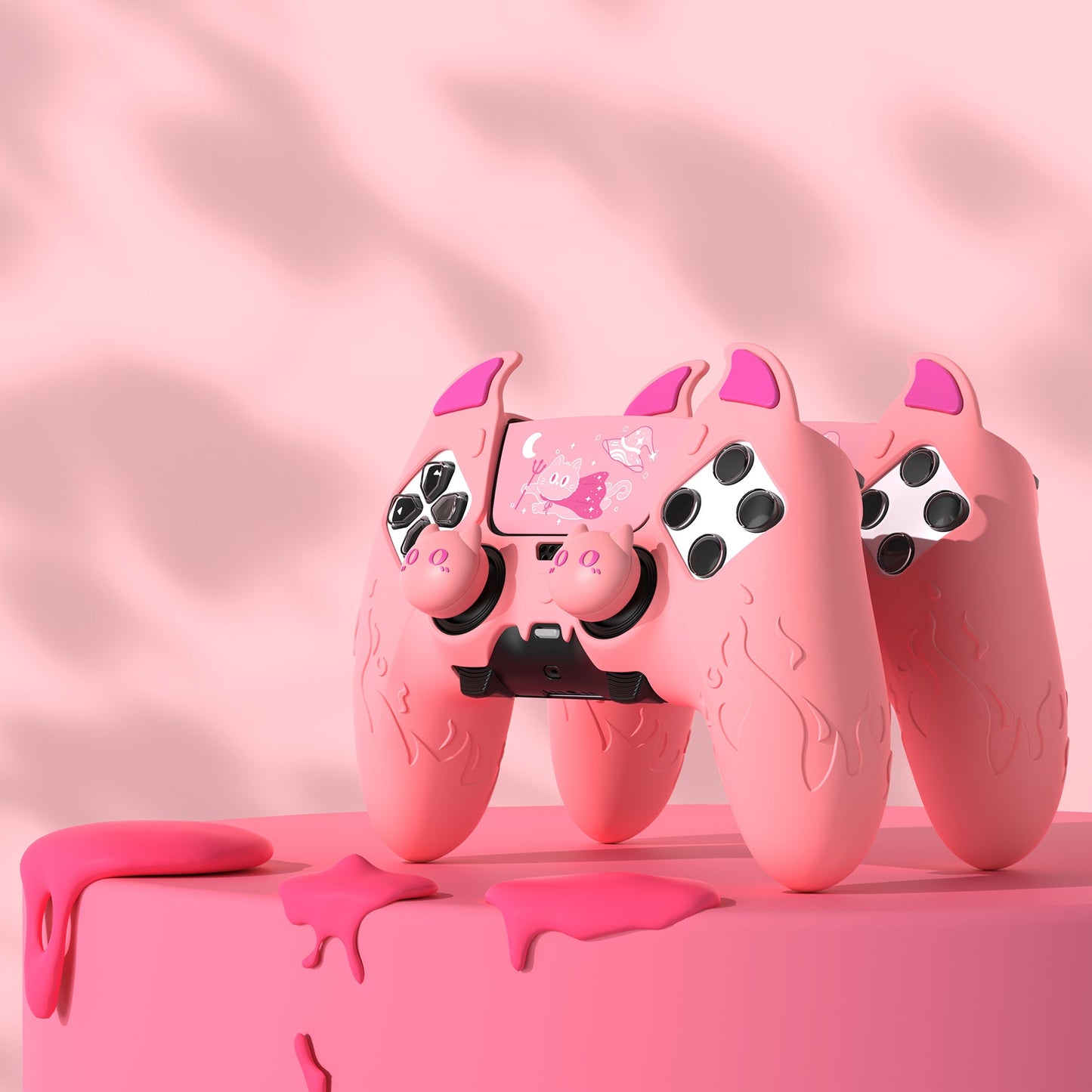 PlayVital Cute Demon Silicone Case with Touch Pad Sticker & Thumb Grip Caps for PS5 Edge Controller - Pink PlayVital