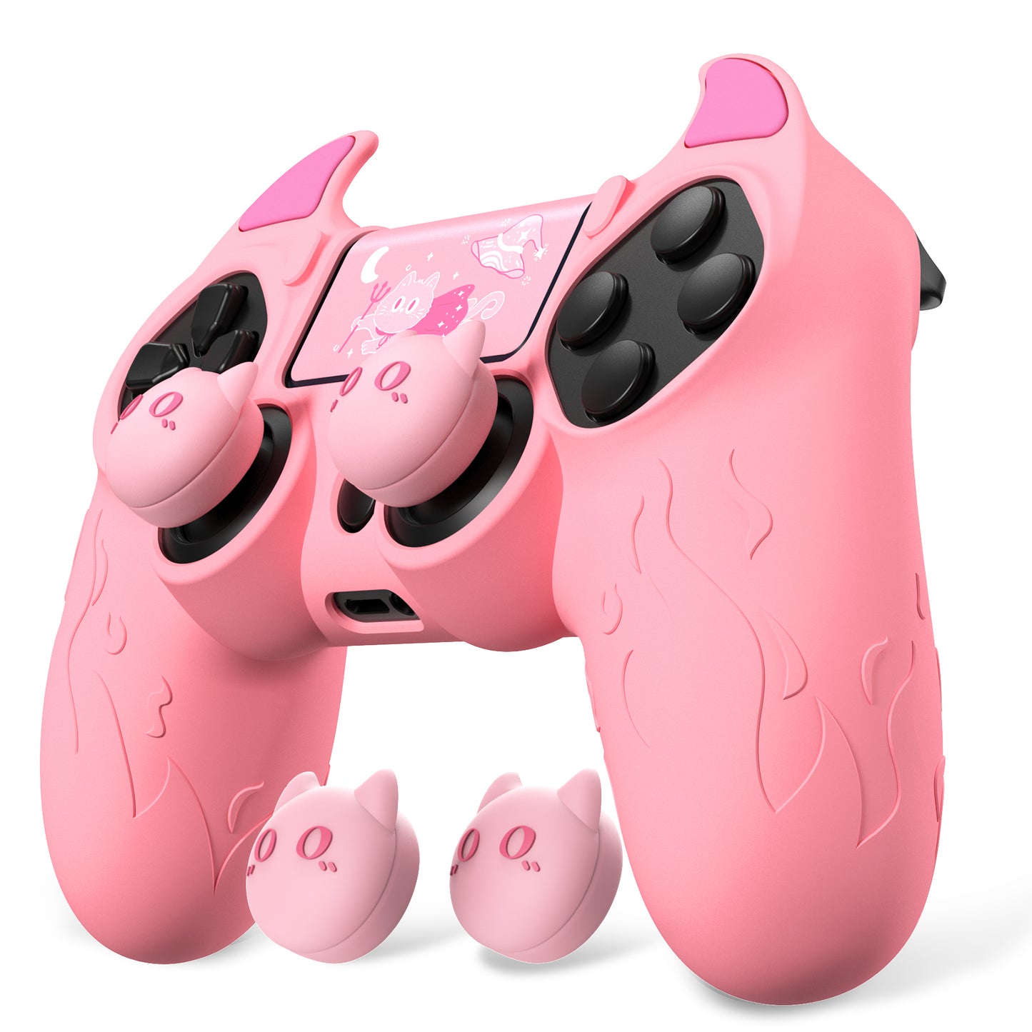PlayVital Cute Demon Silicone Cover Grip Protector with Thumb Grips & Stickers for PS4 Controller - Pink PlayVital
