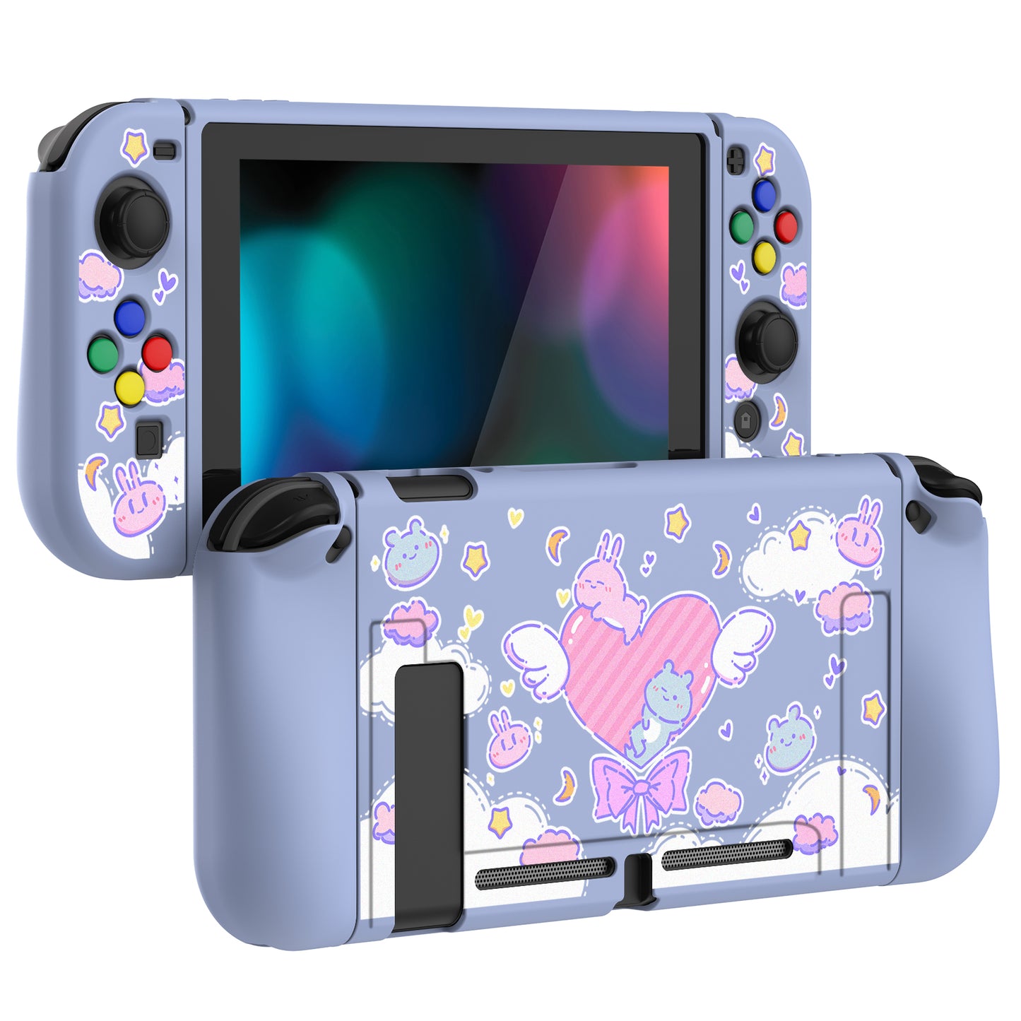 PlayVital Fantasy Bunny & Bear Protective Case for NS, Soft TPU Slim Case Cover for NS Joycon Console with Colorful ABXY Direction Button Caps - NTU6024G2 PlayVital