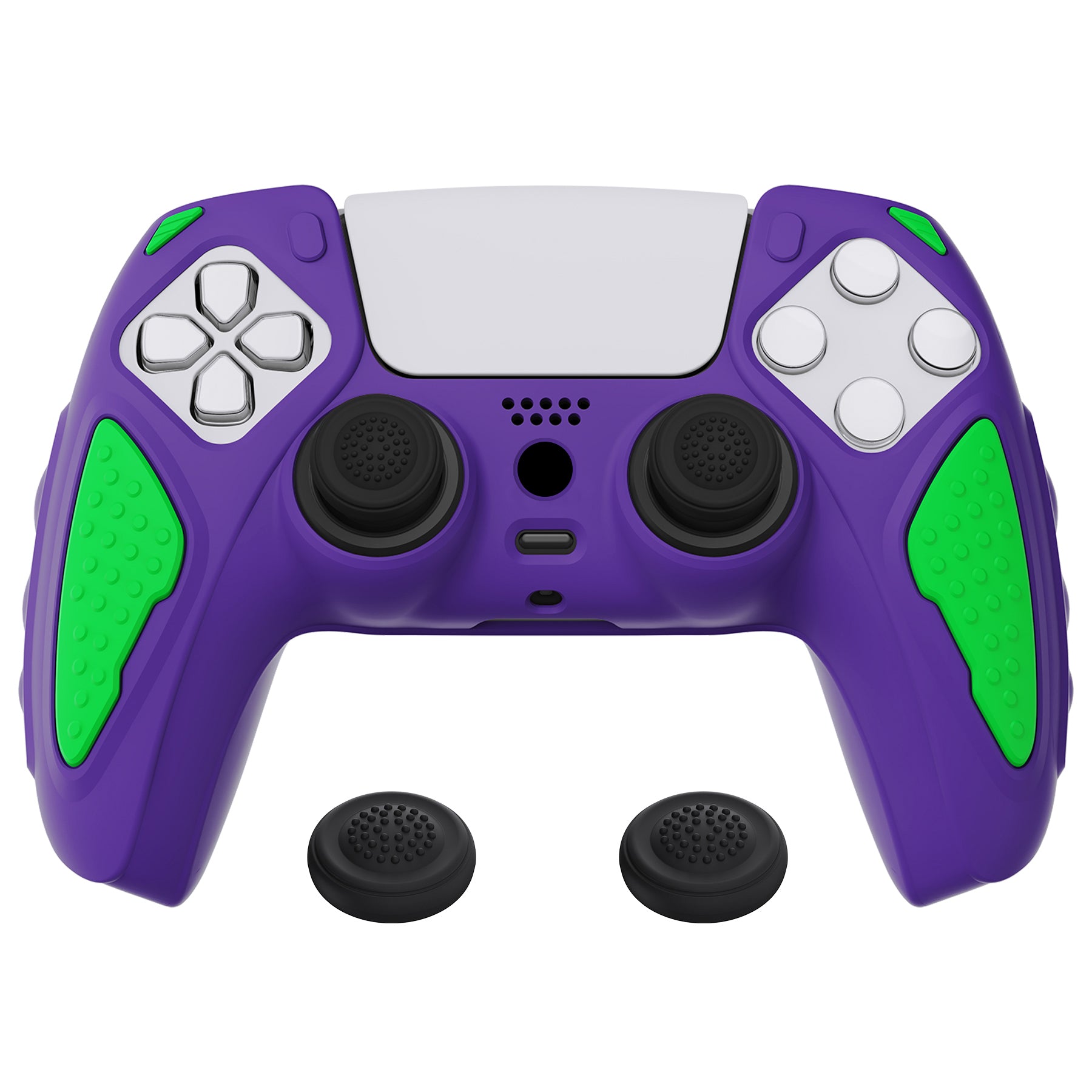 PlayVital Knight Edition Anti-Slip Silicone Cover Skin with Thumb Grip Caps  for PS5 Wireless Controller - Neon Genesis Purple & Green - QSPF015