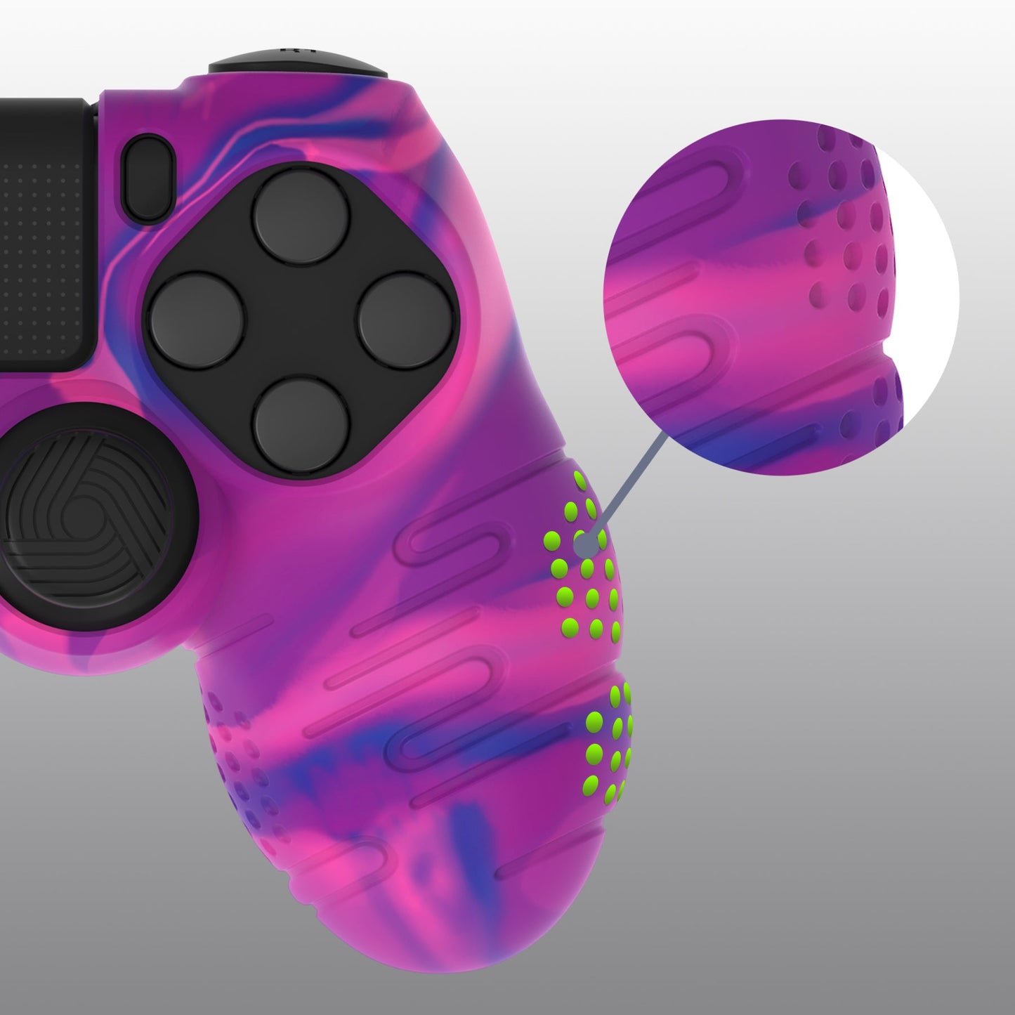 PlayVital Line & Dot Silicone Cover Skin with Thumb Grip Caps for PS4 Slim Pro Controller - Pink & Purple & Blue playvital