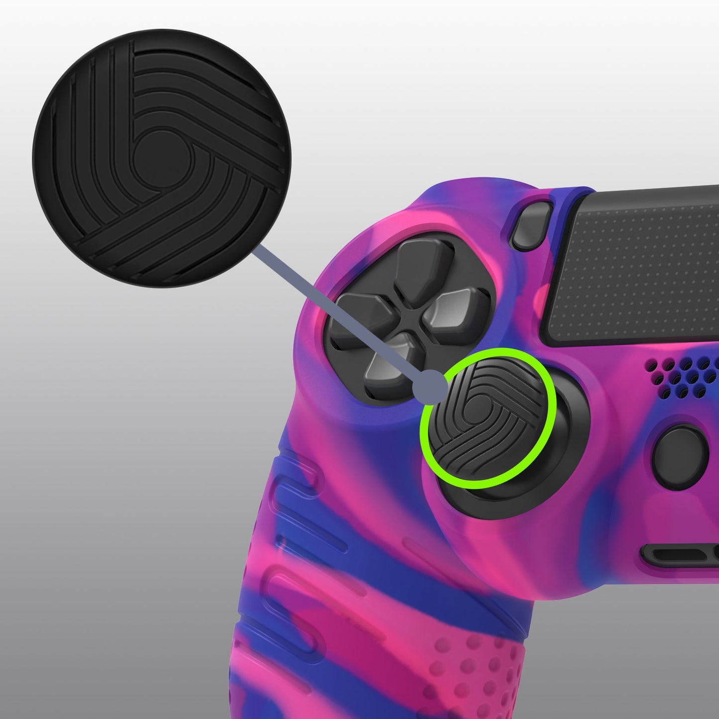 PlayVital Line & Dot Silicone Cover Skin with Thumb Grip Caps for PS4 Slim Pro Controller - Pink & Purple & Blue playvital