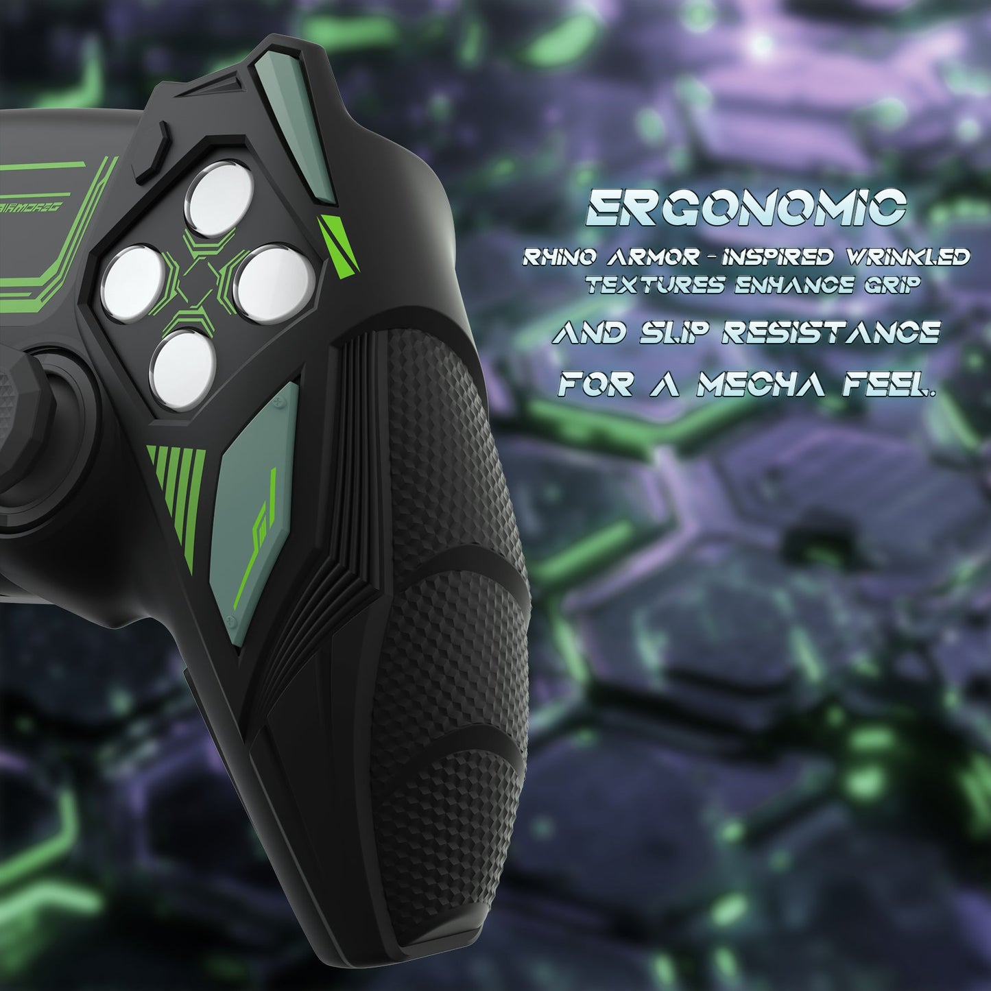 PlayVital Mecha Rhino Silicone Cover for PS5 Controller with Thumb Grips & Stickers, Compatible with Charging Station - Black & Green PlayVital