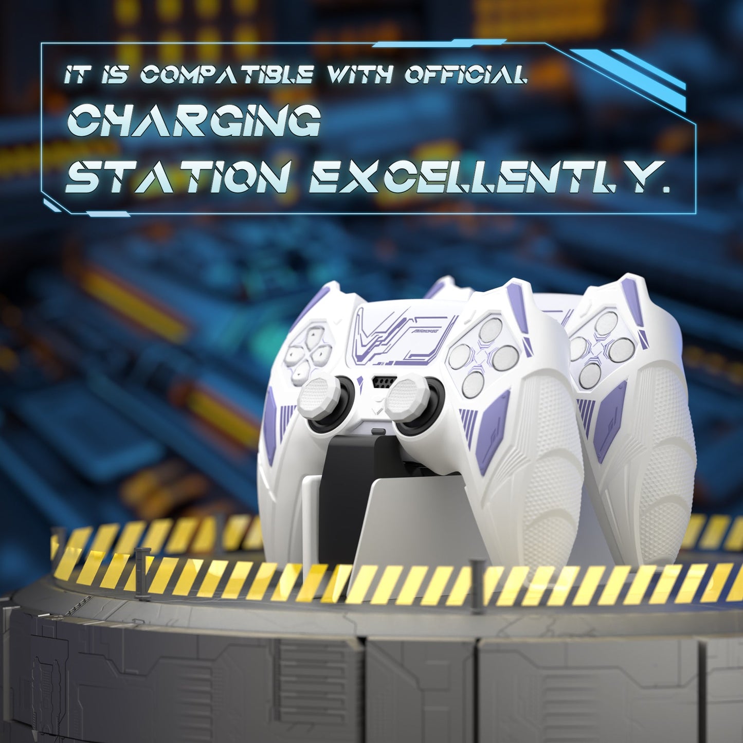 PlayVital Mecha Rhino Silicone Cover for PS5 Controller with Thumb Grips & Stickers, Compatible with Charging Station - White & Light Violet PlayVital