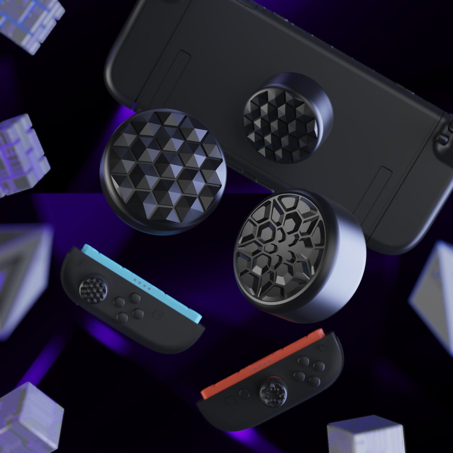 PlayVital QUANTUM Pro Ergonomic Thumbstick Grips for Nintendo Switch 2 (2025) with 3 Height Convex and Concave - Diamond Grain & Crack Bomb Design - Black PlayVital