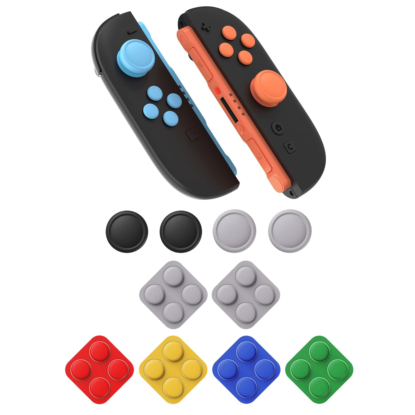 PlayVital Silicone Button Covers and Thumb Grip Set for Nintendo Switch 2 (2025), 8 Pcs Colorful ABXY Directional Button Caps & 4 Joystick Caps for Joycon 2 - Black & Gray & Blue & Orange PlayVital