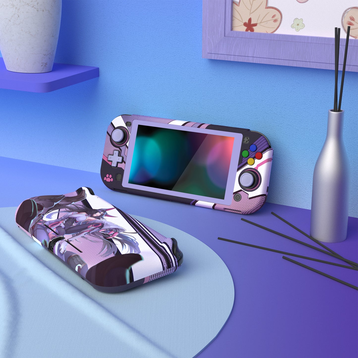 PlayVital ZealProtect Protective Case for Nintendo Switch Lite, Hard Shell Ergonomic Grip Cover for Nintendo Switch Lite w/Screen Protector & Thumb Grip Caps & Button Caps - Neko Mecha - PSLYR003 playvital