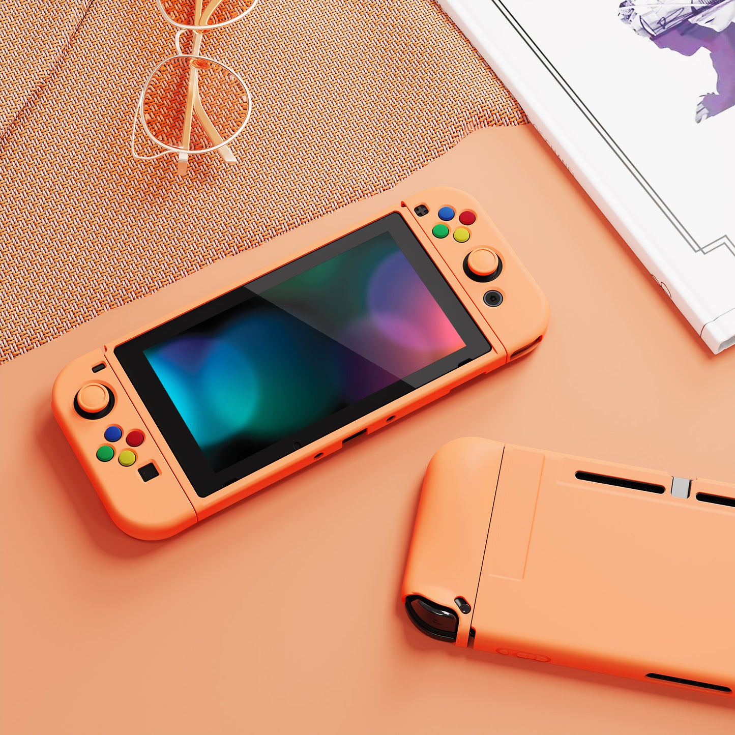PlayVital ZealProtect Soft TPU Slim Protective Case with Tempered Glass Screen Protector & Thumb Grips & ABXY Direction Button Caps for Nintendo Switch - Apricot Yellow