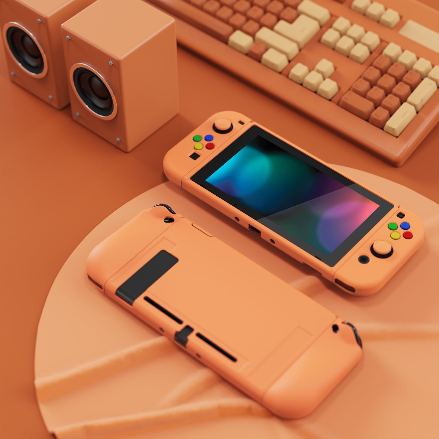 PlayVital ZealProtect Soft TPU Slim Protective Case with Tempered Glass Screen Protector & Thumb Grips & ABXY Direction Button Caps for Nintendo Switch - Apricot Yellow