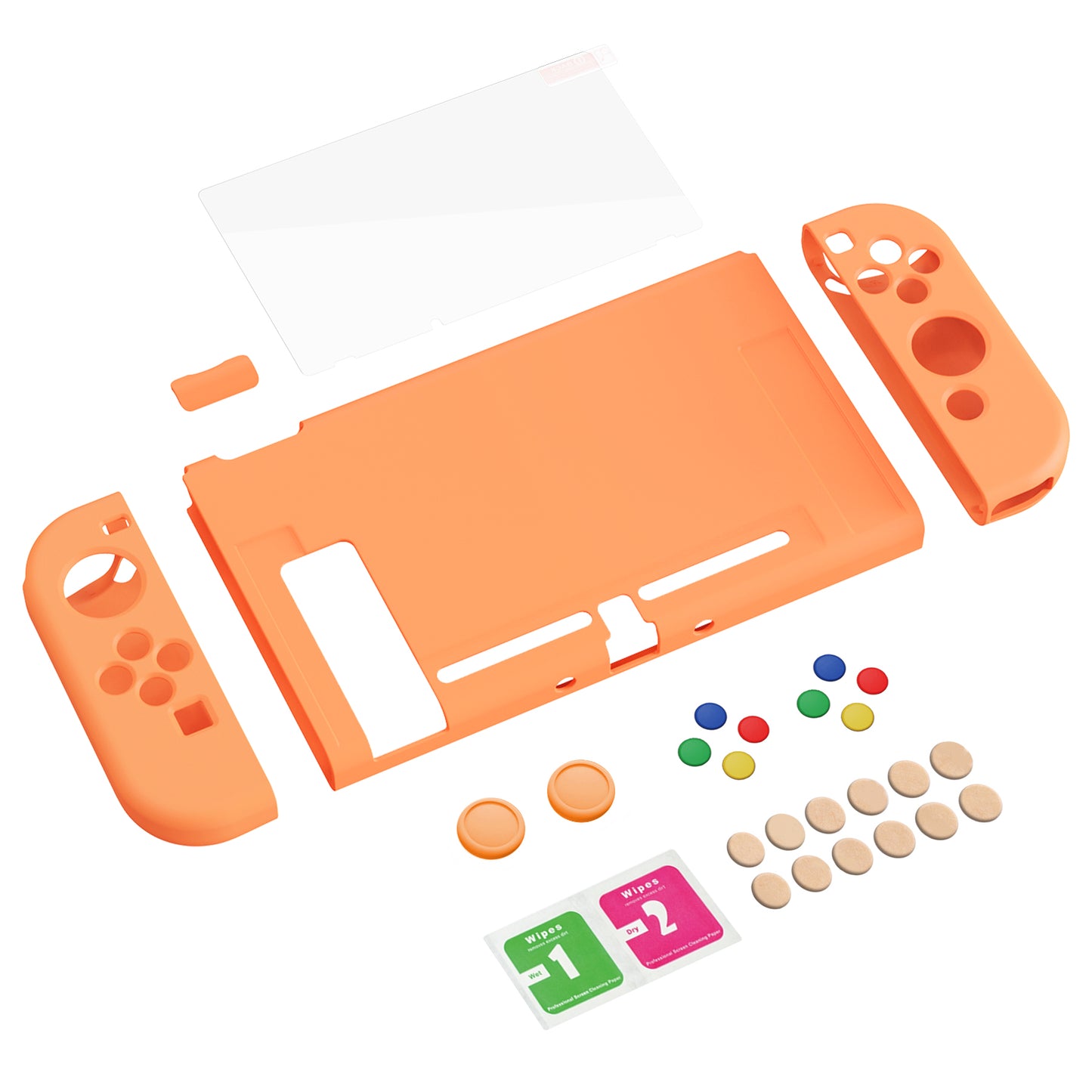 PlayVital ZealProtect Soft TPU Slim Protective Case with Tempered Glass Screen Protector & Thumb Grips & ABXY Direction Button Caps for Nintendo Switch - Apricot Yellow