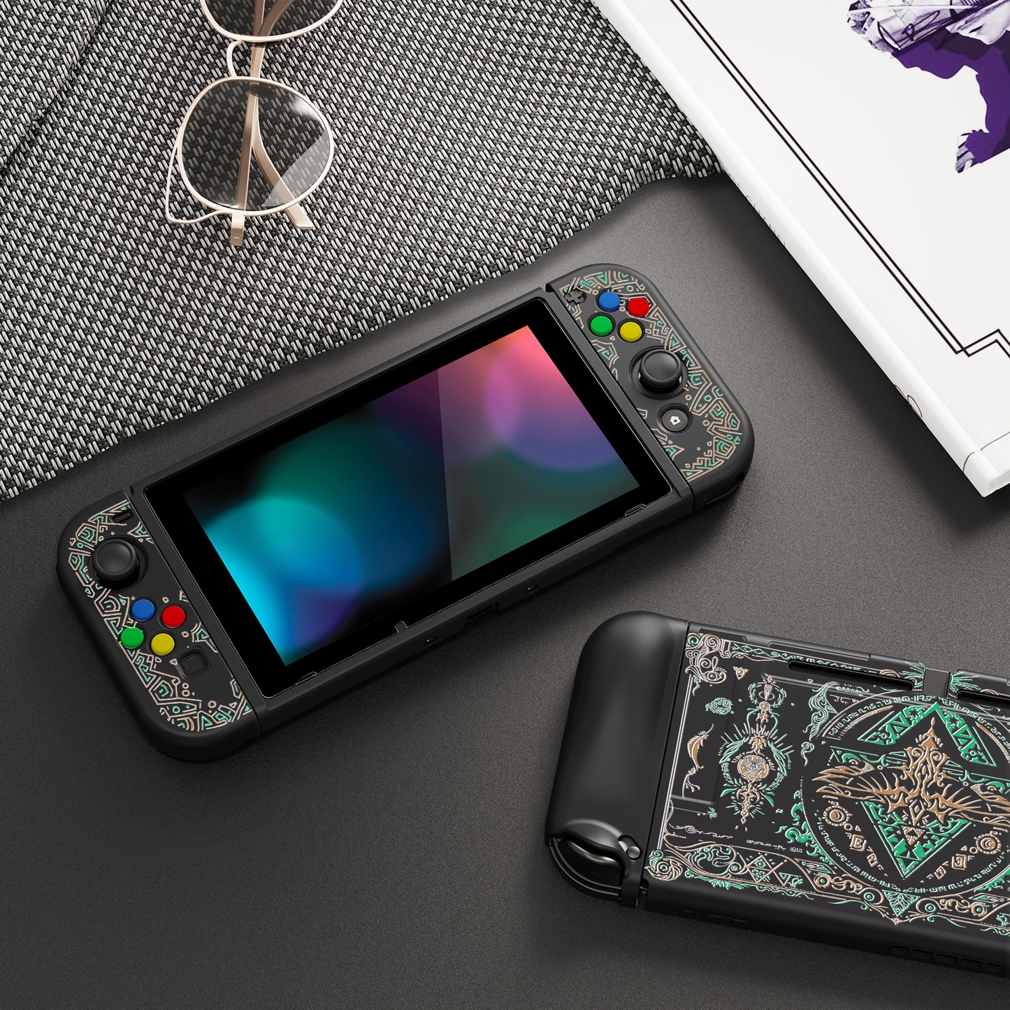 PlayVital ZealProtect Soft Protective Case for Nintendo Switch, Flexible Cover for Switch with Tempered Glass Screen Protector & Thumb Grips & ABXY Direction Button Caps - Totem of Kingdom - RNSYV6038 playvital