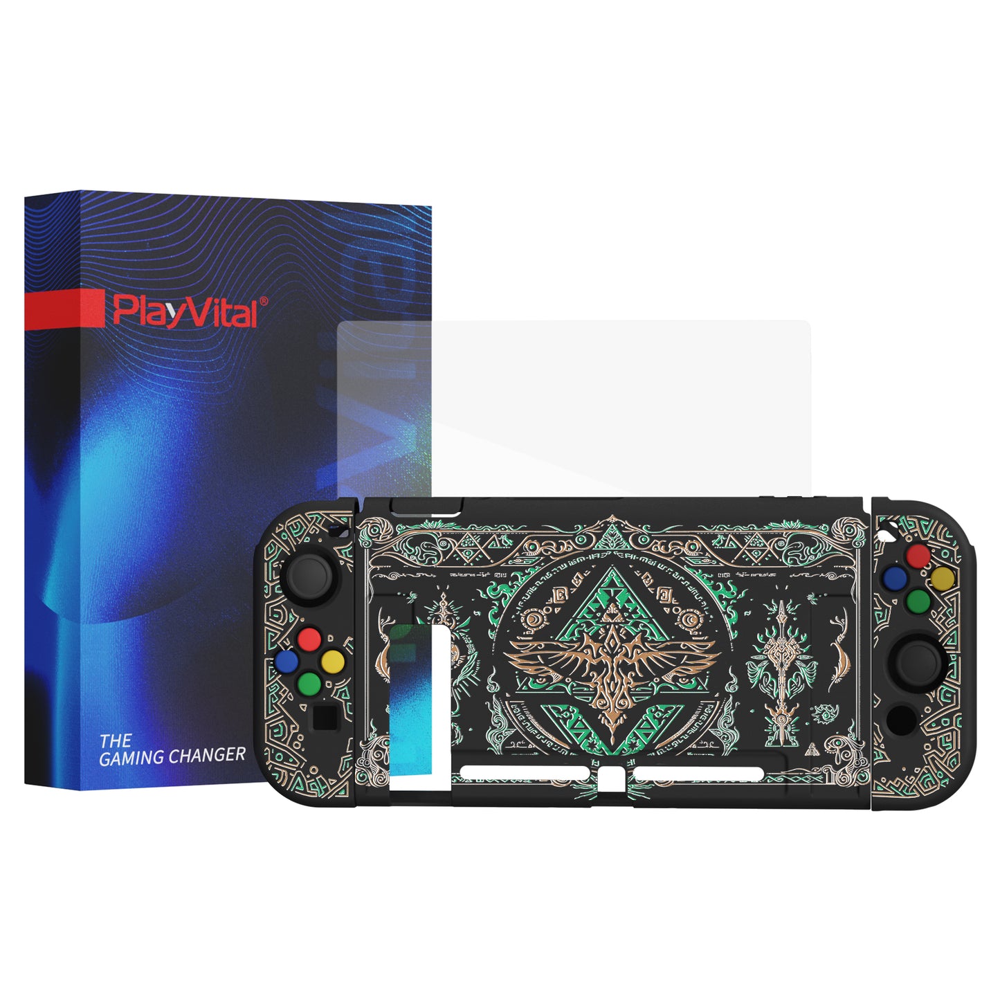 PlayVital ZealProtect Soft Protective Case for Nintendo Switch, Flexible Cover for Switch with Tempered Glass Screen Protector & Thumb Grips & ABXY Direction Button Caps - Totem of Kingdom - RNSYV6038 playvital
