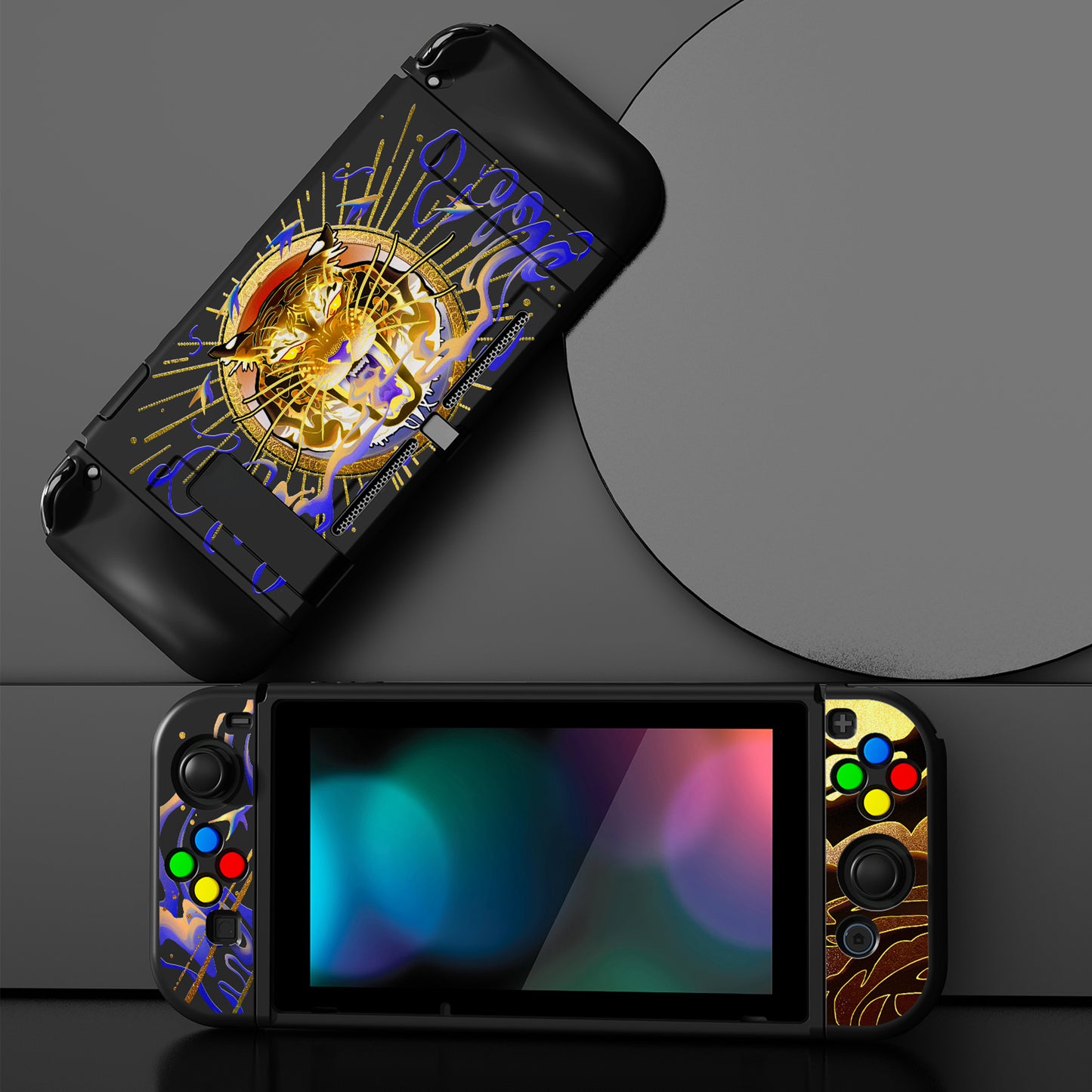 PlayVital ZealProtect Soft Protective Case for Nintendo Switch, Flexible Cover for Switch with Tempered Glass Screen Protector & Thumb Grips & ABXY Direction Button Caps - Tiger Tarot - RNSYV6042 playvital