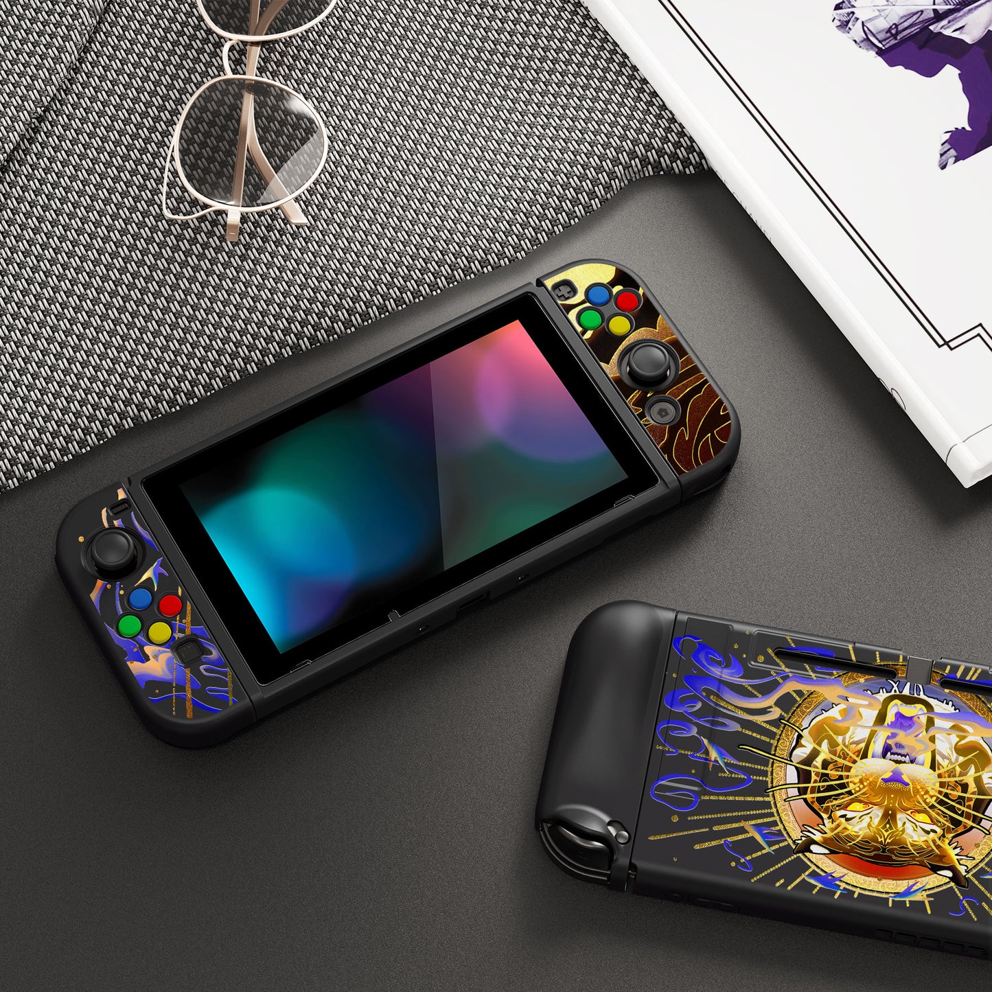 PlayVital ZealProtect Soft Protective Case for Nintendo Switch, Flexible Cover for Switch with Tempered Glass Screen Protector & Thumb Grips & ABXY Direction Button Caps - Tiger Tarot - RNSYV6042 playvital