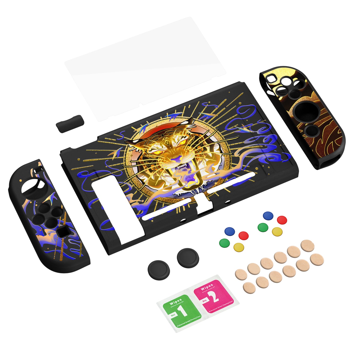 PlayVital ZealProtect Soft Protective Case for Nintendo Switch, Flexible Cover for Switch with Tempered Glass Screen Protector & Thumb Grips & ABXY Direction Button Caps - Tiger Tarot - RNSYV6042 playvital