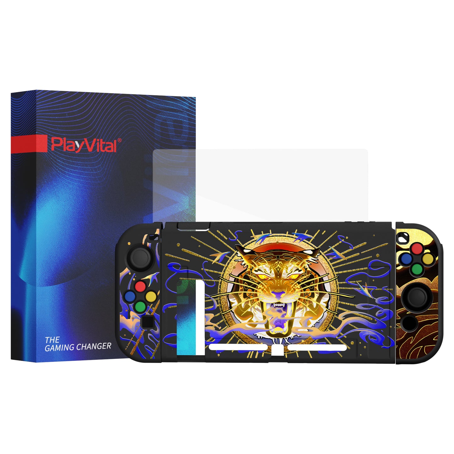 PlayVital ZealProtect Soft Protective Case for Nintendo Switch, Flexible Cover for Switch with Tempered Glass Screen Protector & Thumb Grips & ABXY Direction Button Caps - Tiger Tarot - RNSYV6042 playvital