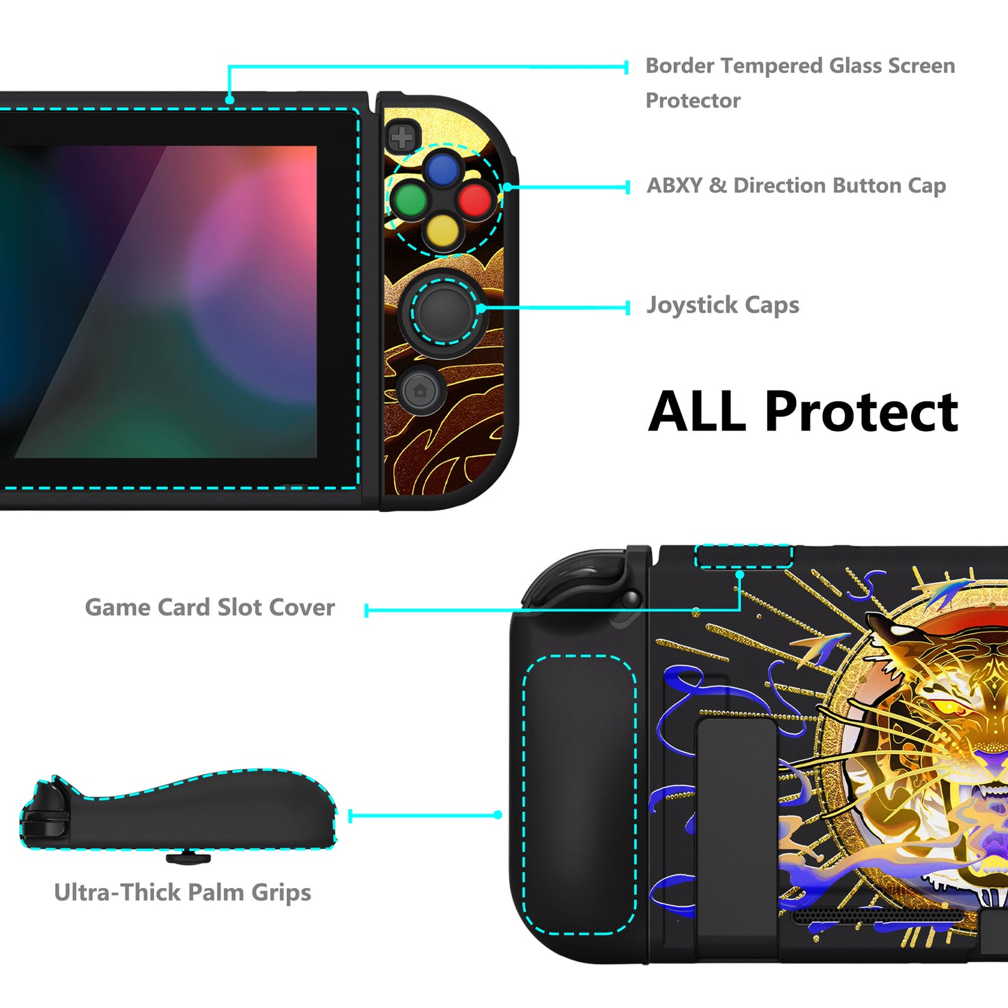 PlayVital ZealProtect Soft Protective Case for Nintendo Switch, Flexible Cover for Switch with Tempered Glass Screen Protector & Thumb Grips & ABXY Direction Button Caps - Tiger Tarot - RNSYV6042 playvital