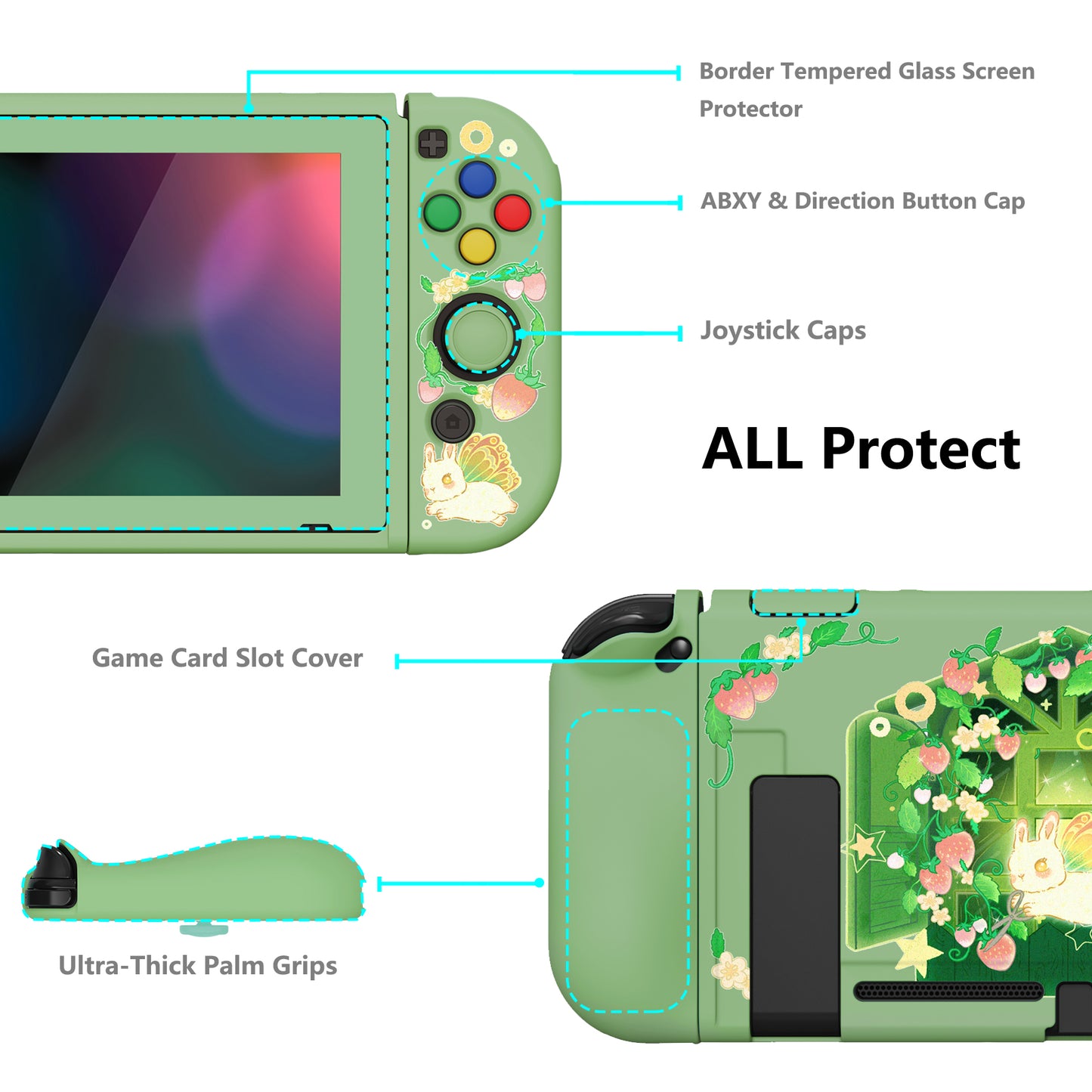 PlayVital ZealProtect Soft Protective Case for Nintendo Switch, Flexible Cover for Switch with Tempered Glass Screen Protector & Thumb Grips & ABXY Direction Button Caps - Strawberry Bunny - RNSYV6045 playvital