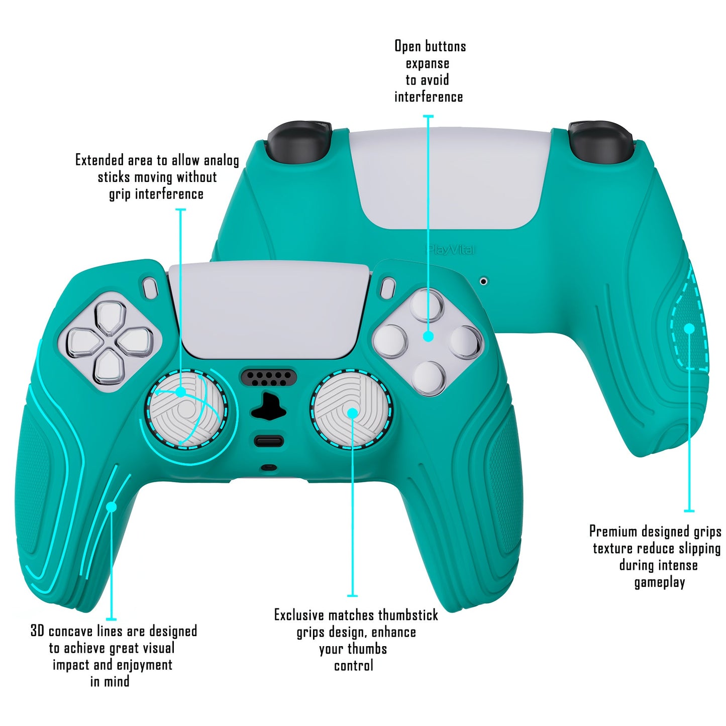 PlayVital Samurai Edition Aqua Green Anti-slip Controller Grip Silicone Skin, Ergonomic Soft Rubber Protective Case Cover for PlayStation 5 PS5 Controller with Black Thumb Stick Caps - BWPF010 PlayVital