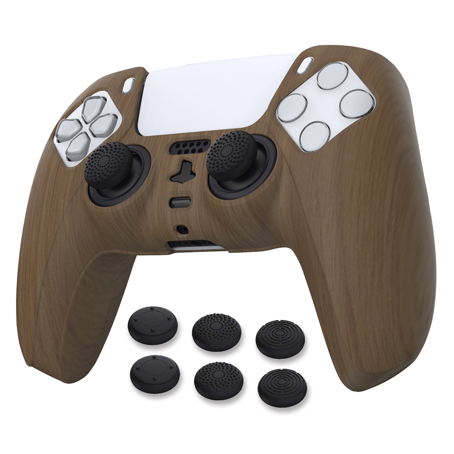 PlayVital Water Transfer Printing Wood Grain Patterned Anti-Slip Silicone Cover Skin Soft Rubber Case Protector for PS5 Controller with 6 Thumb Grip Caps - KOPF020 PlayVital