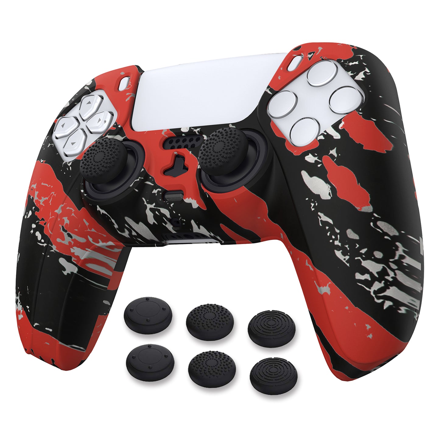 PlayVital Water Transfer Printing Red Splash Patterned Anti-Slip Silicone Cover Skin Soft Rubber Case Protector for PS5 Controller with 6 Thumb Grip Caps - KOPF021 PlayVital