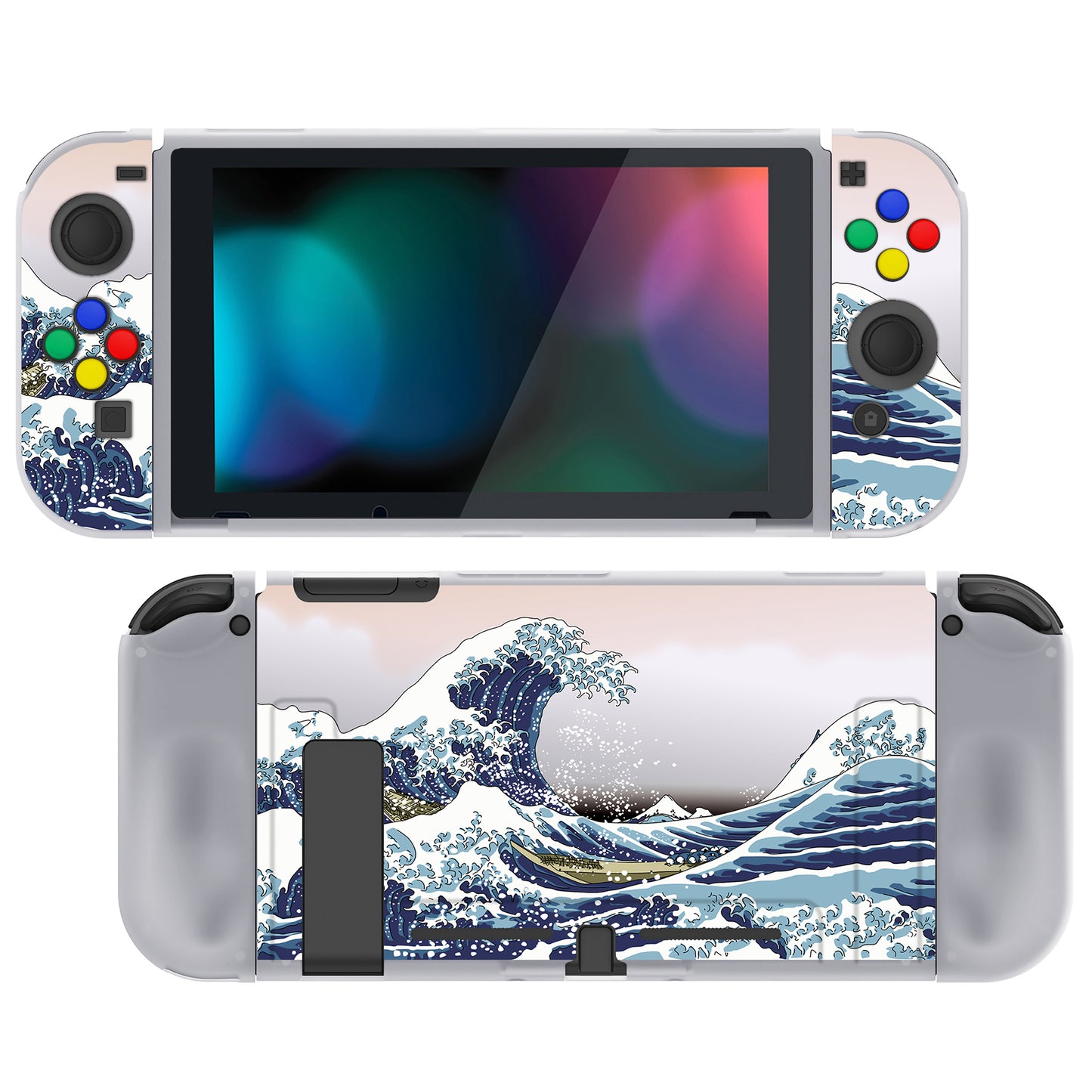 PlayVital The Great Wave Protective Case for NS Switch, Soft TPU Slim Case Cover for NS Switch Joy-Con Console with Colorful ABXY Direction Button Caps - NTU6017 PlayVital