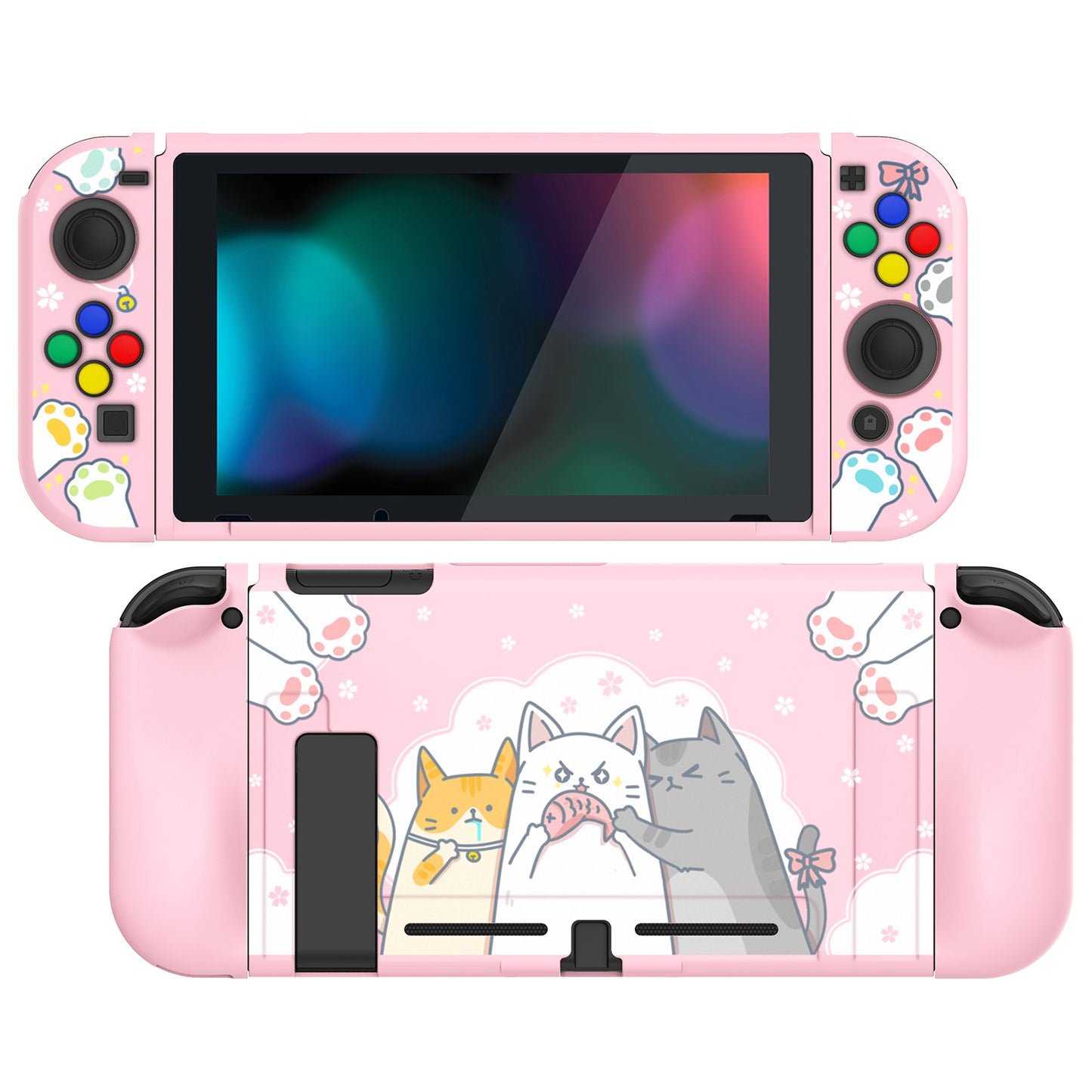 PlayVital Hungry Kitties Protective Case for NS, Soft TPU Slim Case Cover for NS Joycon Console with Colorful ABXY Direction Button Caps - NTU6020 PlayVital