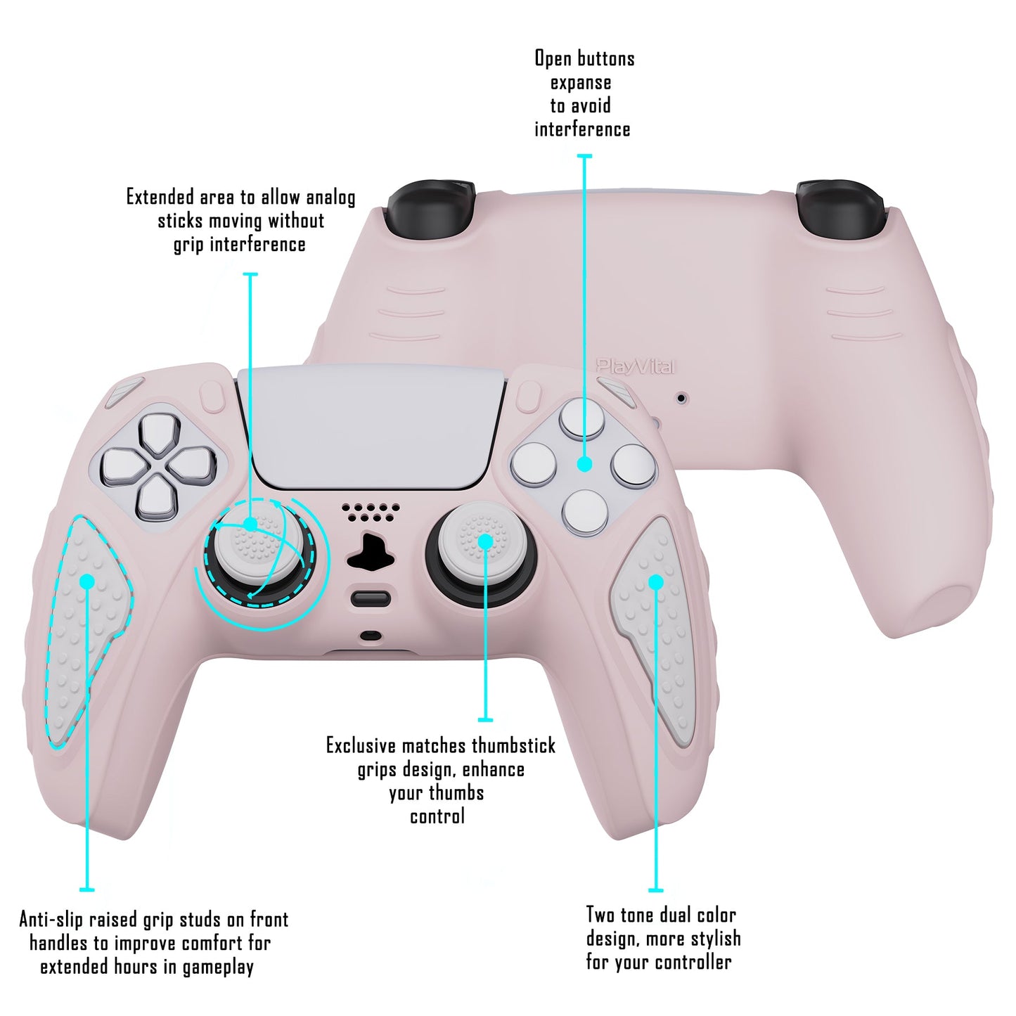 PlayVital Knight Edition Passion Cherry Blossoms & White Two Tone Anti-Slip Silicone Cover Skin for Playstation 5 Controller, Soft Rubber Case for PS5 Controller with Thumb Grip Caps - QSPF008 PlayVital