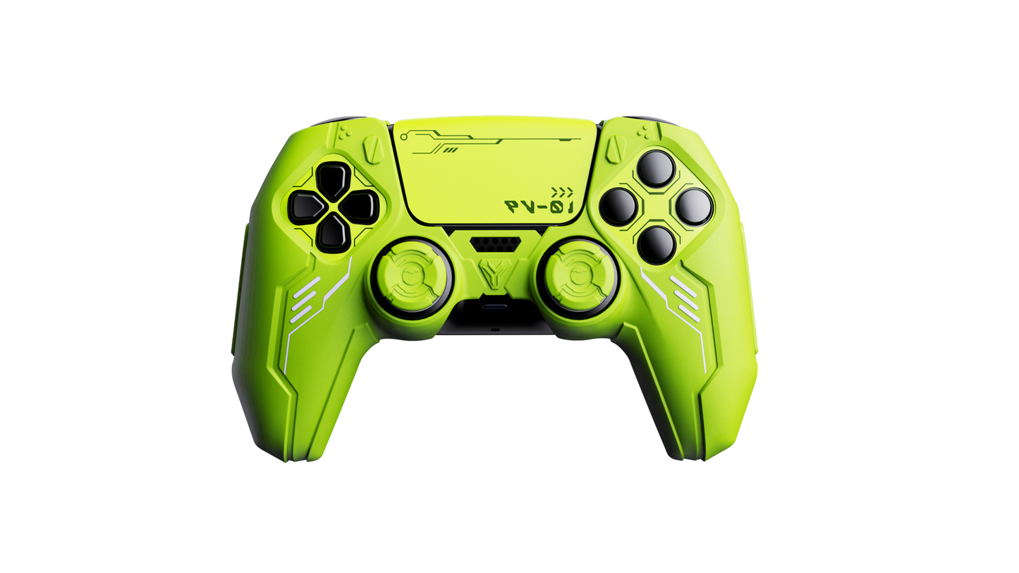 PlayVital Mecha Edition Anti-Slip Silicone Cover Skin with Matching Thumb Grips and Stickers for PS5 Wireless Controller - Compatible with Charging Station - Neon Green - KKBPFP003 PlayVital