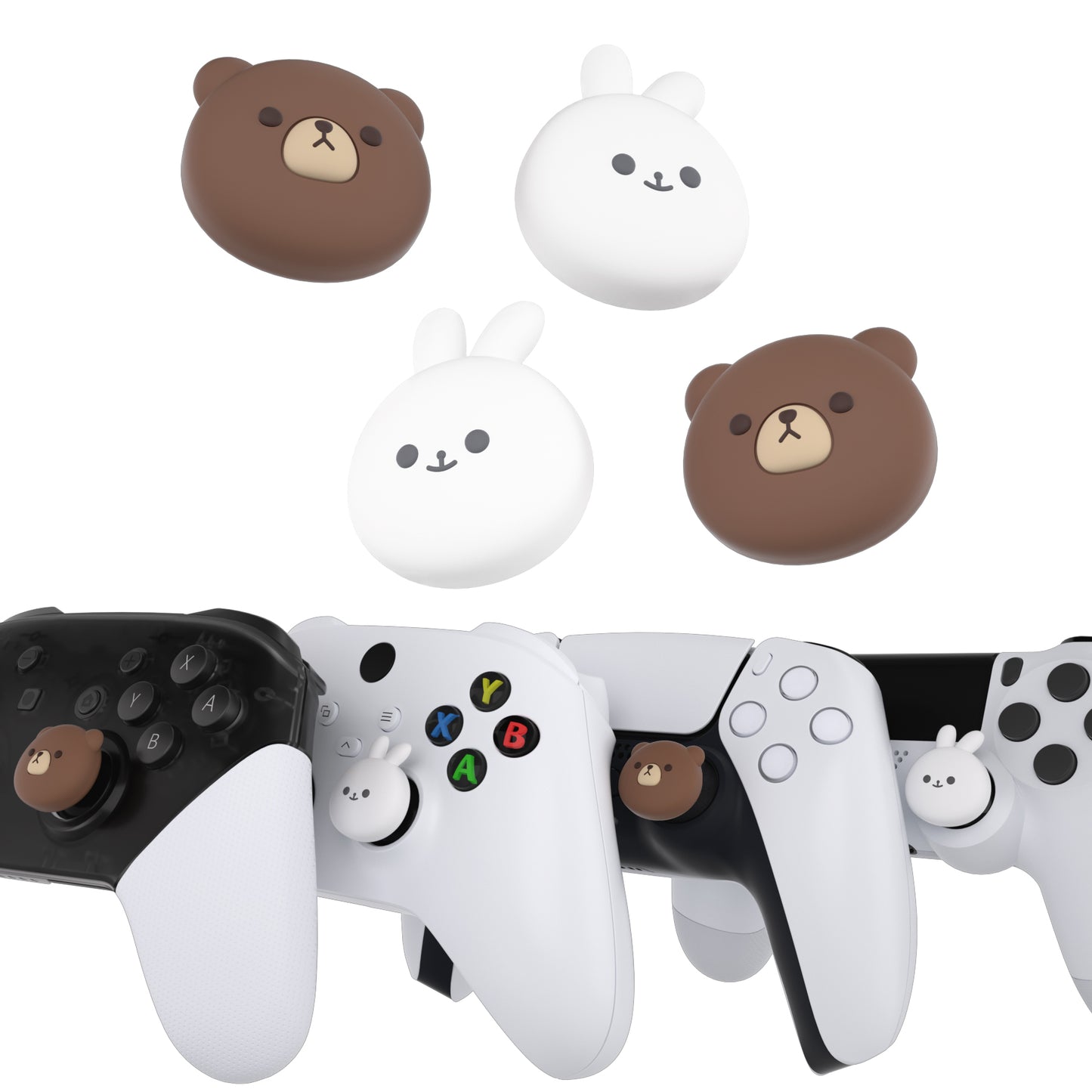 PlayVital Cute Thumb Grip Caps for ps5/4 Controller, Silicone Analog Stick Caps Cover for Xbox Series X/S, Thumbstick Caps for Switch Pro Controller - Chubby Bear & Smiley Bunny - PJM3029 PlayVital
