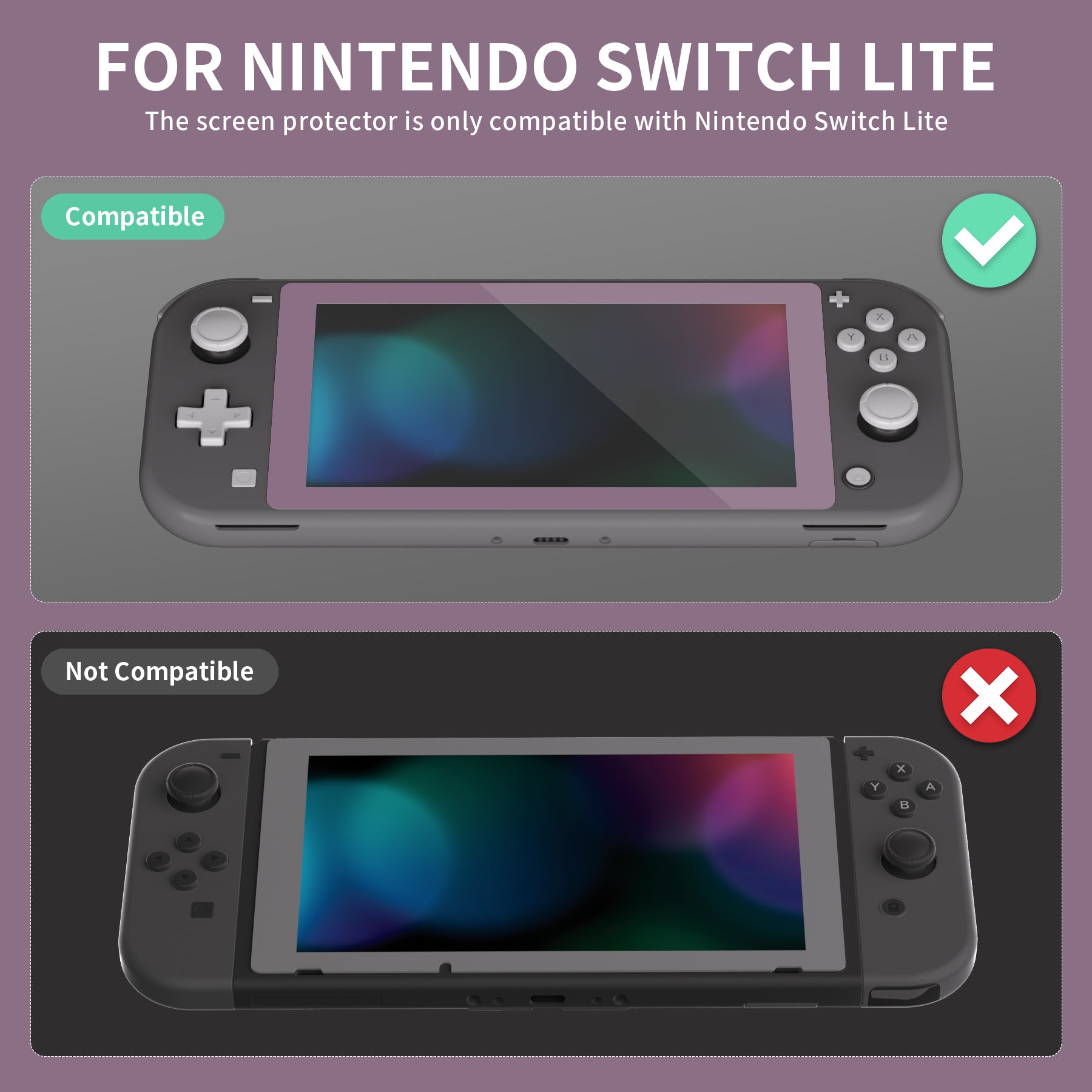 2 Pack Dark Grayish Violet Border Transparent HD Clear Saver Protector Film, Tempered Glass Screen Protector for Nintendo Switch Lite [Anti-Scratch, Anti-Fingerprint, Shatterproof, Bubble-Free] - HL735 PlayVital