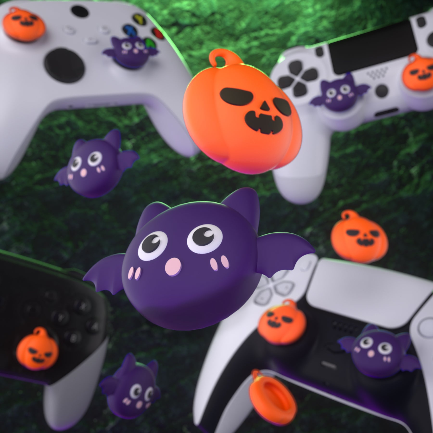 PlayVital Cute Thumb Grip Caps for ps5/4 Controller, Silicone Analog Stick Caps Cover for Xbox Series X/S, Thumbstick Caps for Switch Pro Controller - Halloween Pumpkin Bat - PJM3031 PlayVital