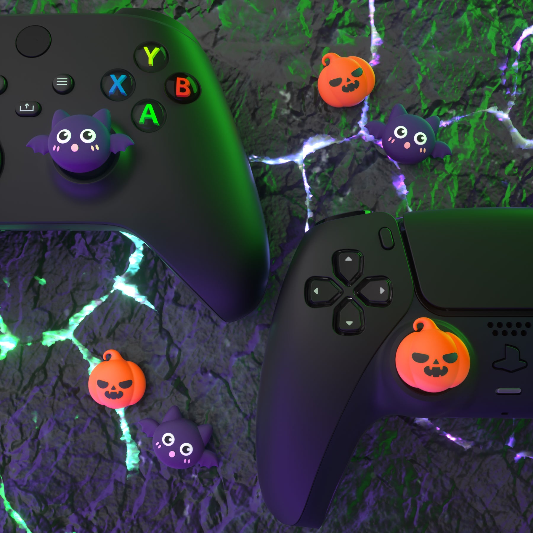 PlayVital Cute Thumb Grip Caps for ps5/4 Controller, Silicone Analog Stick Caps Cover for Xbox Series X/S, Thumbstick Caps for Switch Pro Controller - Halloween Pumpkin Bat - PJM3031 PlayVital