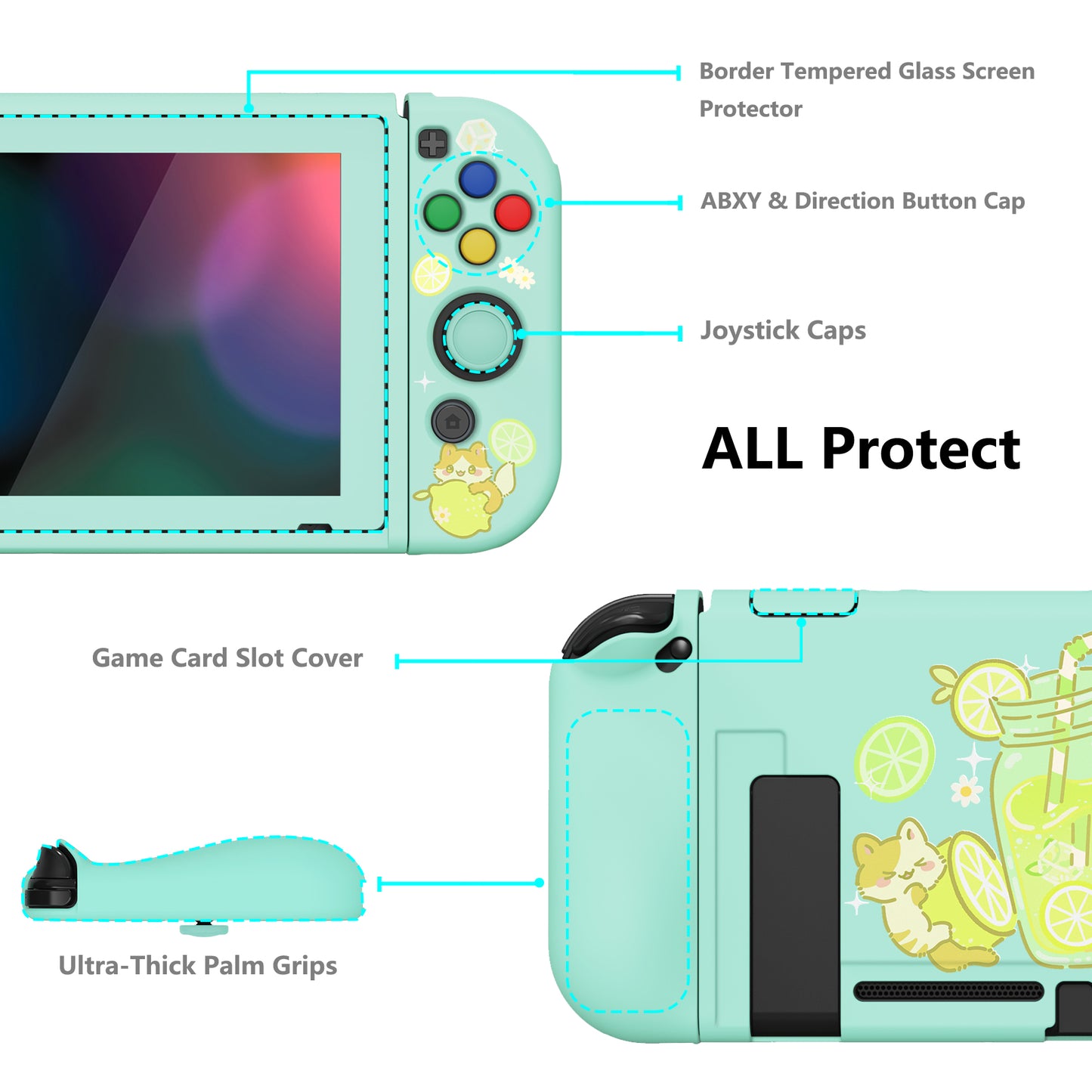 PlayVital ZealProtect Soft Protective Case for Nintendo Switch, Flexible Cover for Switch with Tempered Glass Screen Protector & Thumb Grips & ABXY Direction Button Caps - Lemonade Kitty - RNSYV6046 playvital