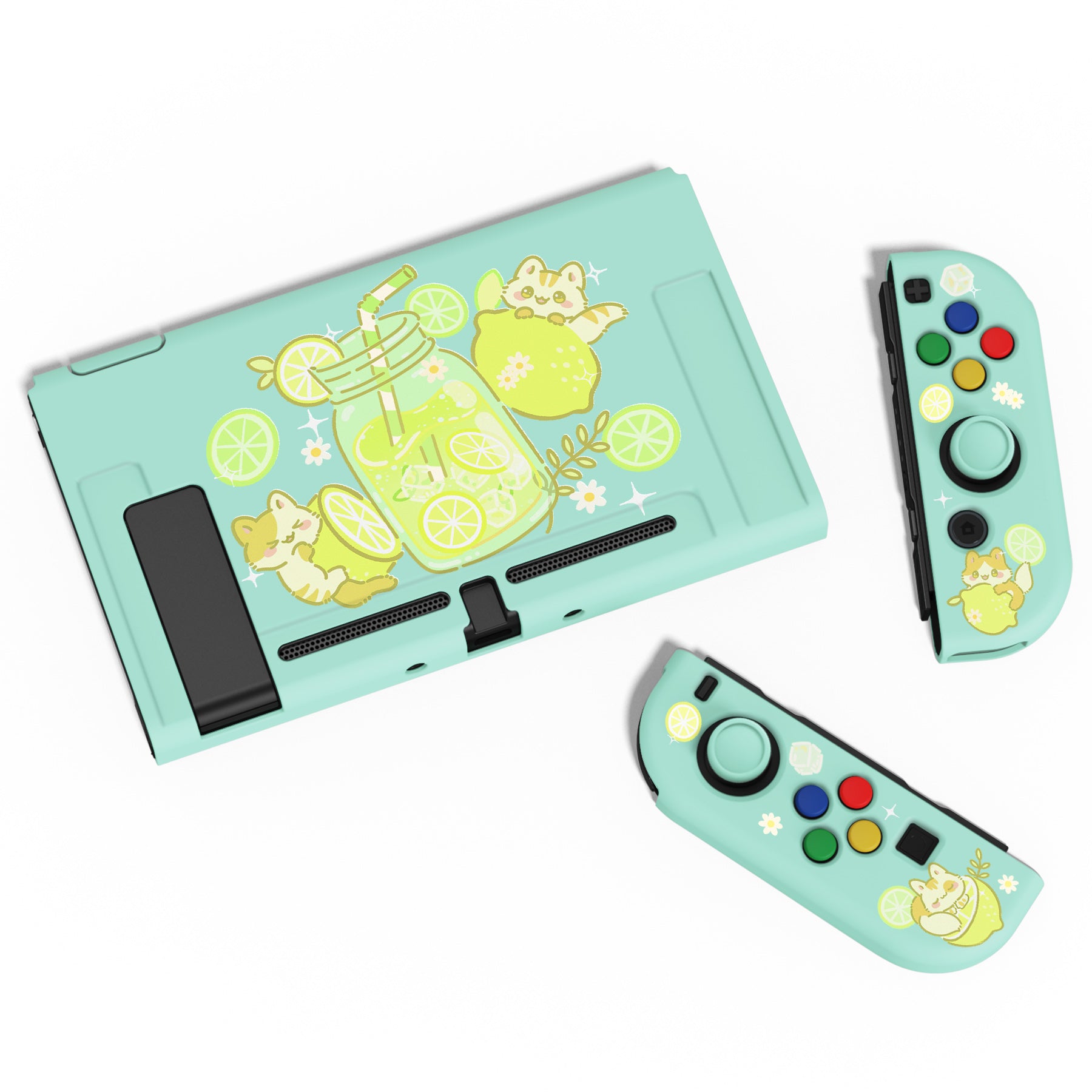 PlayVital ZealProtect Soft Protective Case for Nintendo Switch, Flexible Cover for Switch with Tempered Glass Screen Protector & Thumb Grips & ABXY Direction Button Caps - Lemonade Kitty - RNSYV6046 playvital