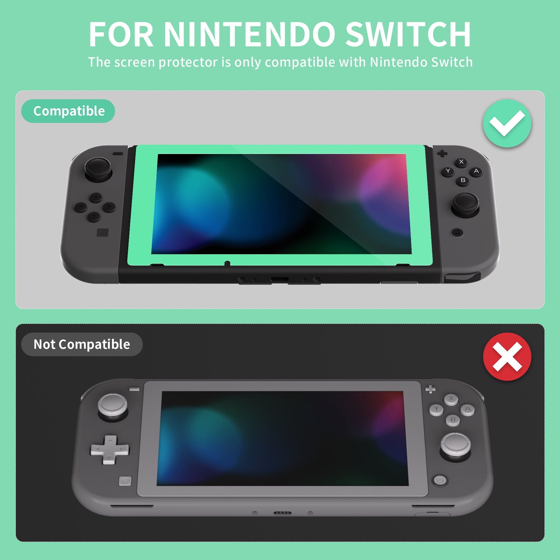 2 Pack Mint Green Border Transparent HD Clear Saver Protector Film, Tempered Glass Screen Protector for Nintendo Switch [Anti-Scratch, Anti-Fingerprint, Shatterproof, Bubble-Free] - NSPJ0706 playvital