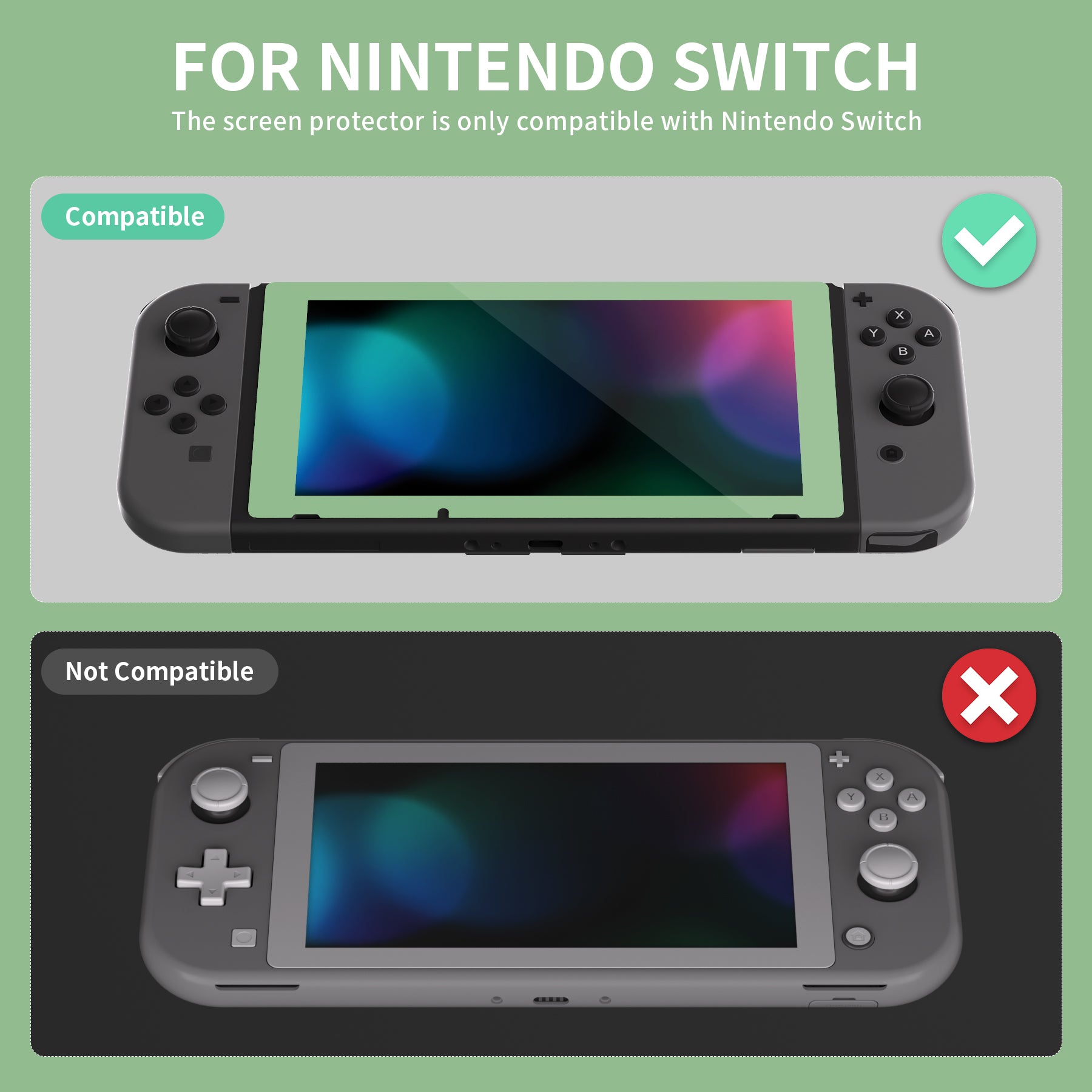 2 Pack Matcha Green Border Transparent HD Clear Saver Protector Film, Tempered Glass Screen Protector for Nintendo Switch [Anti-Scratch, Anti-Fingerprint, Shatterproof, Bubble-Free] - NSPJ0708 playvital