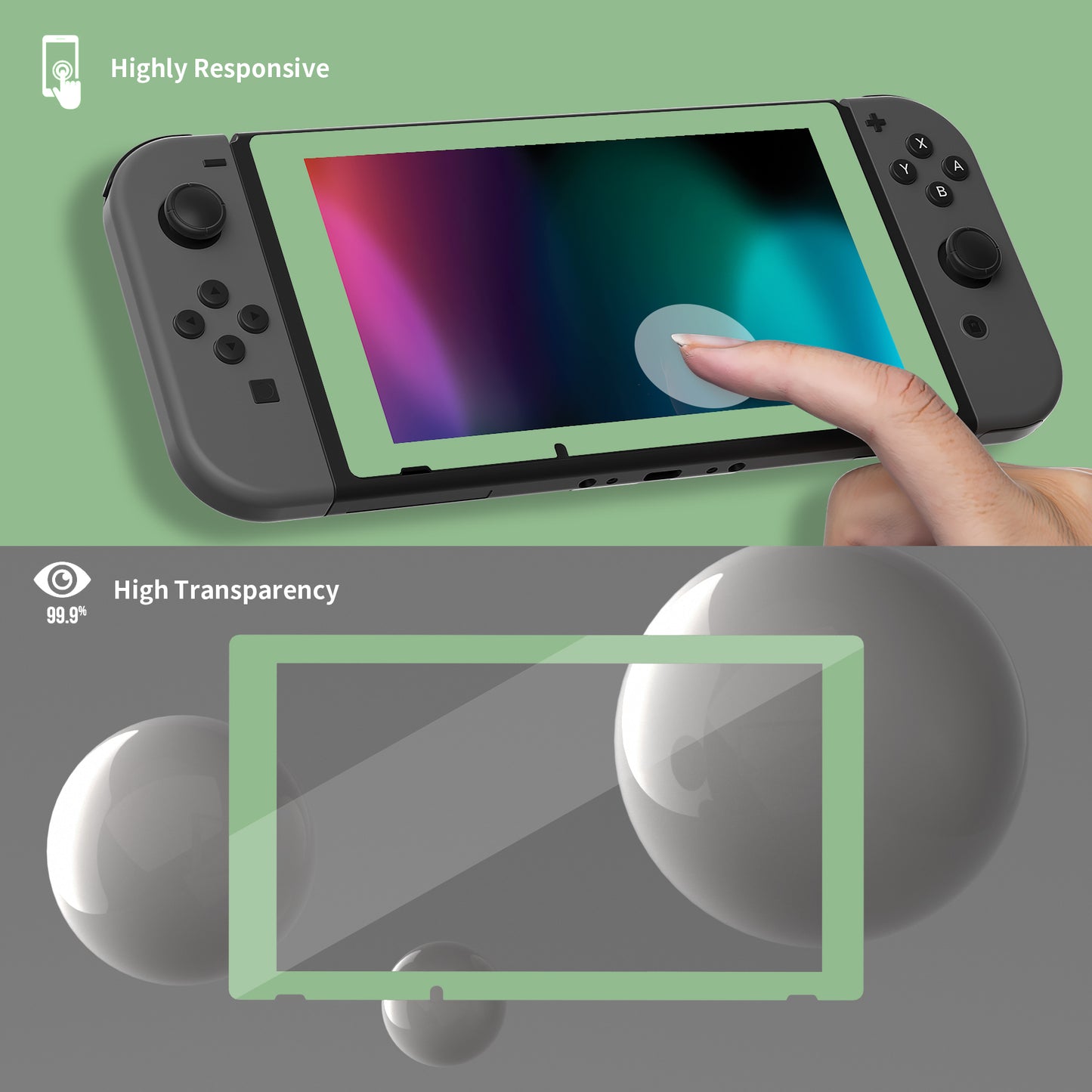 2 Pack Matcha Green Border Transparent HD Clear Saver Protector Film, Tempered Glass Screen Protector for Nintendo Switch [Anti-Scratch, Anti-Fingerprint, Shatterproof, Bubble-Free] - NSPJ0708 playvital