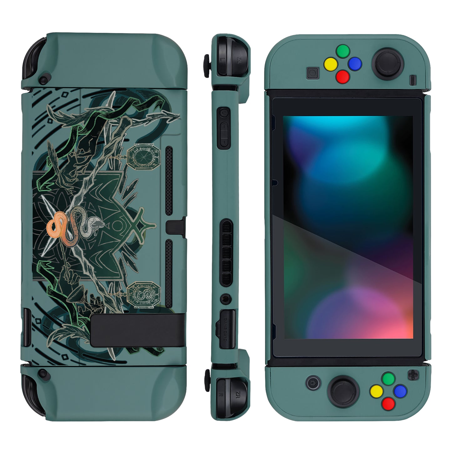 PlayVital Serpent Totem Back Cover for NS Switch Console, NS Joycon Handheld Controller Separable Protector Hard Shell, Dockable Protective Case with Red ABXY Direction Button Caps - NTT122 PlayVital