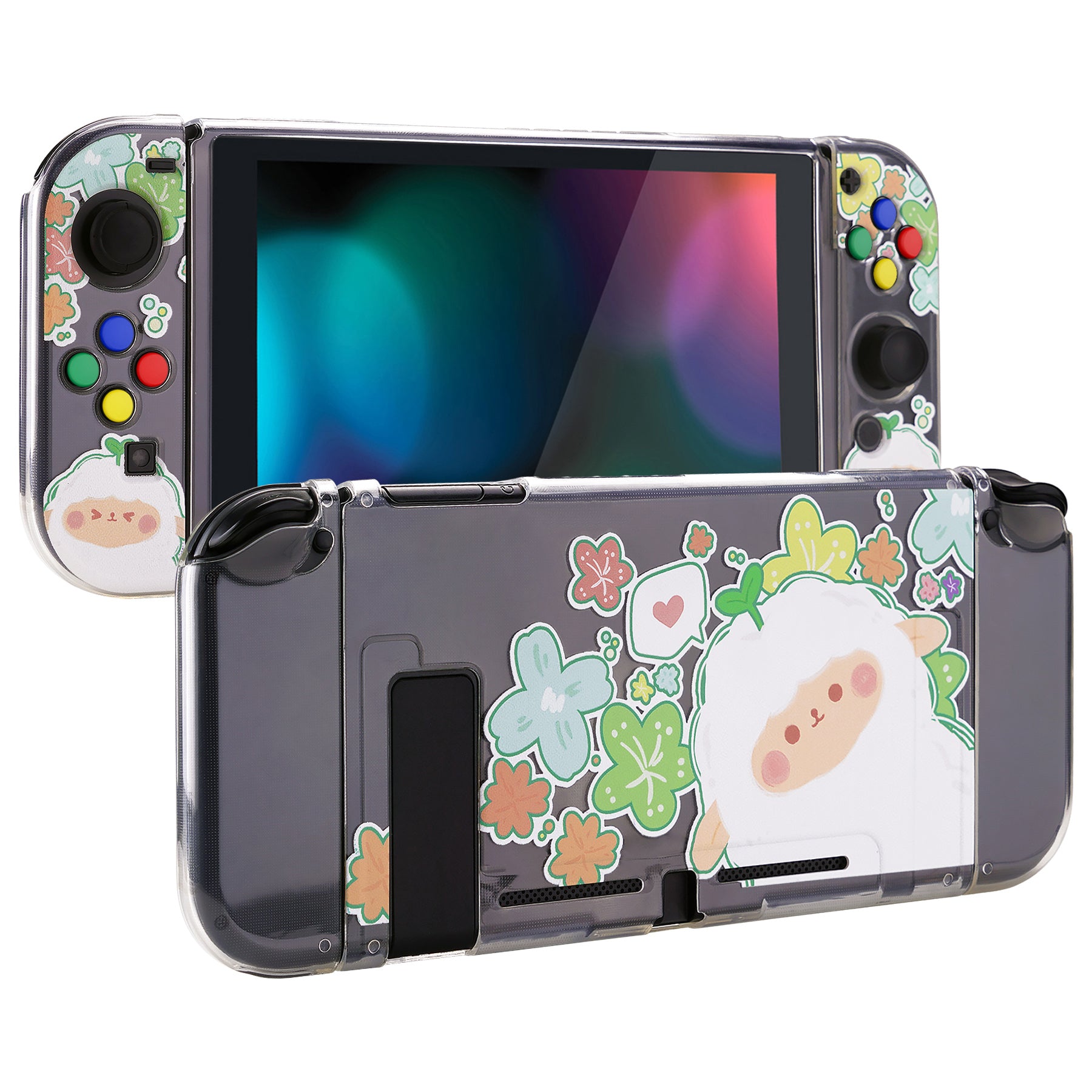 PlayVital Protective Case for Nintendo Switch, Soft TPU Slim Case Cover for Nintendo Switch Joycon Console with Colorful ABXY Direction Button Caps - Flowery Sheep - NTU6028 PlayVital